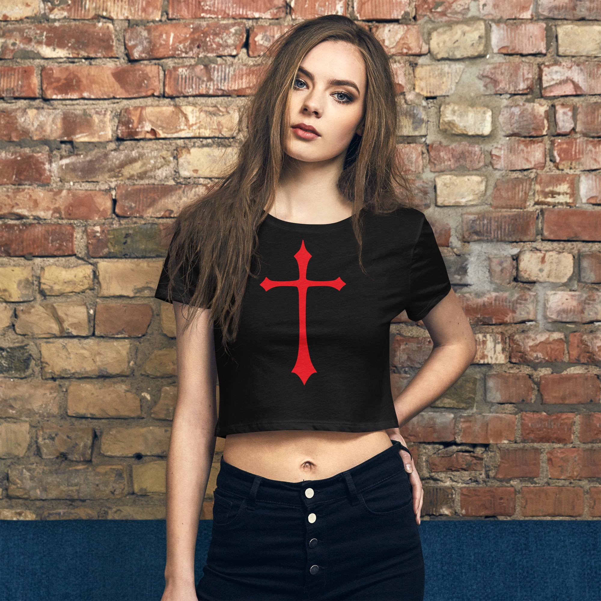 Red Gothic Medeival Holy Cross Women’s Crop Tee