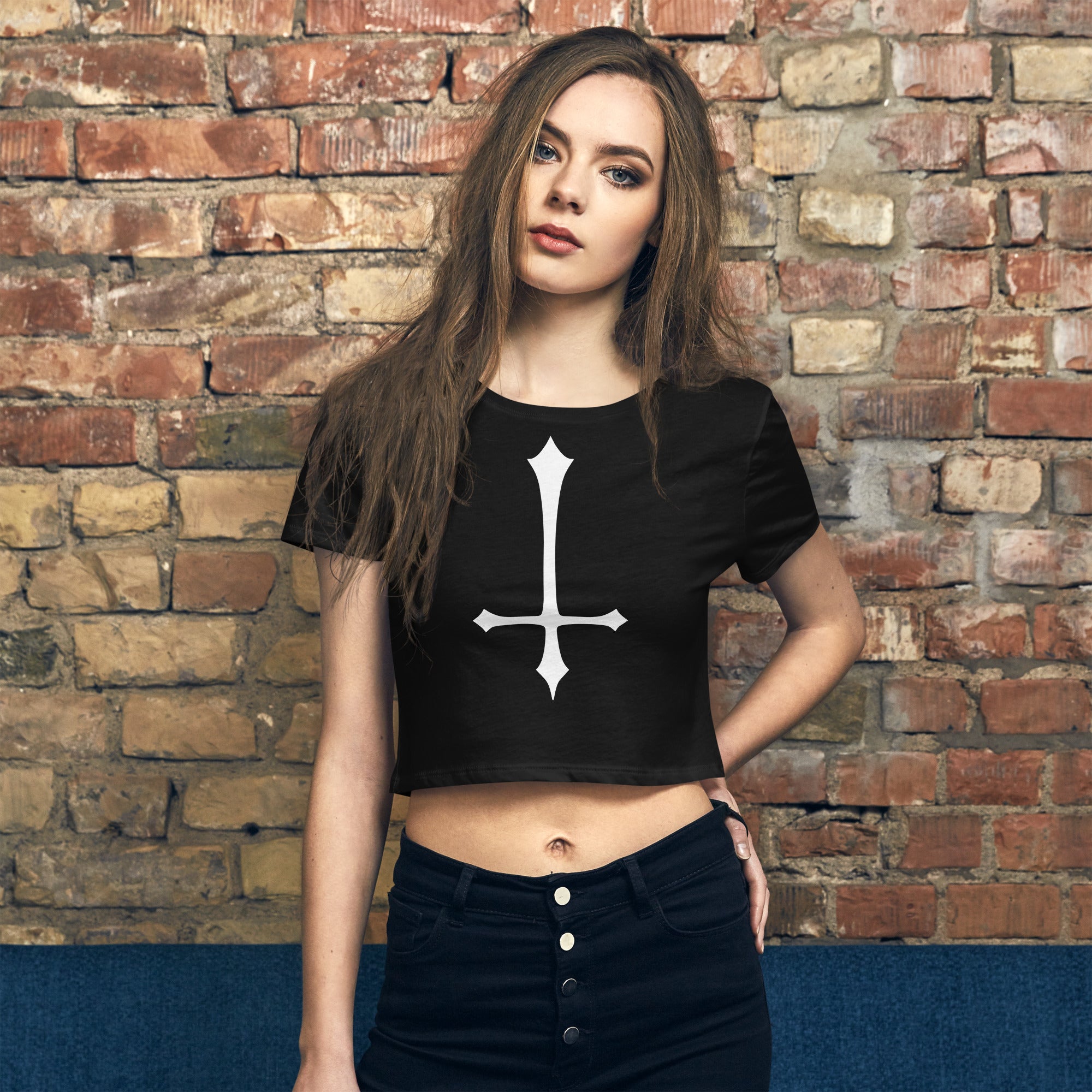 White Inverted Satanic Unholy Cross Women’s Crop Tee