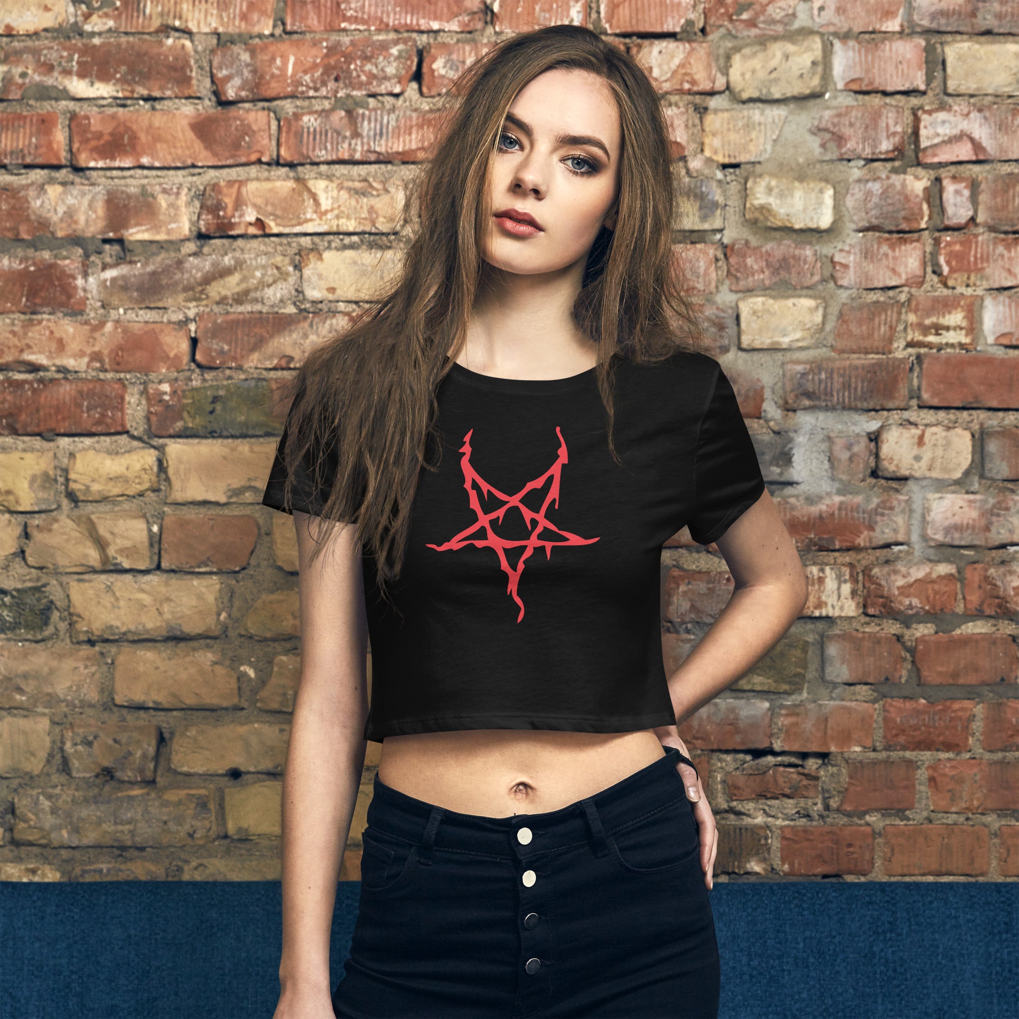 Red Melting Inverted Pentagram Black Metal Style Women’s Crop Tee