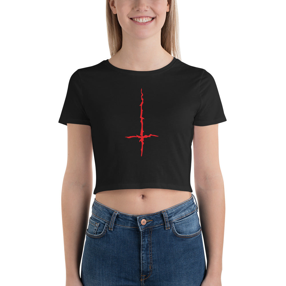 Red Melting Inverted Cross Black Metal Style Women’s Crop Tee