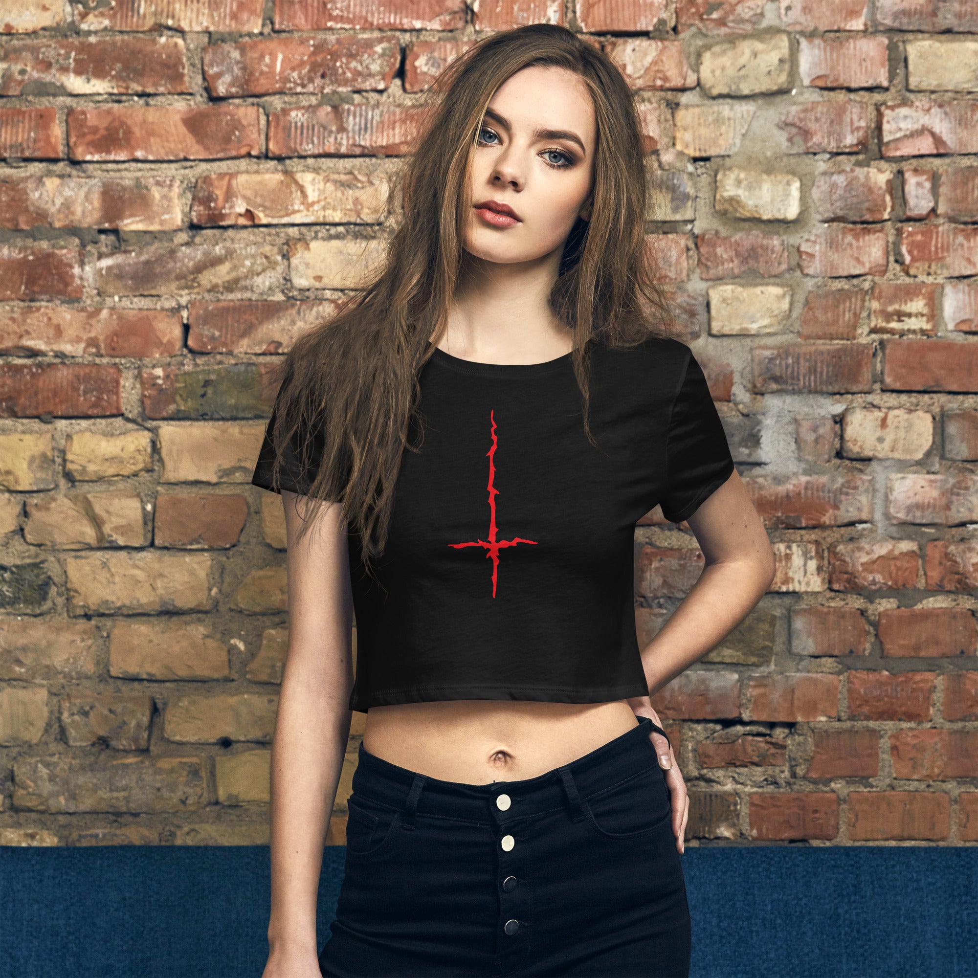 Red Melting Inverted Cross Black Metal Style Women’s Crop Tee