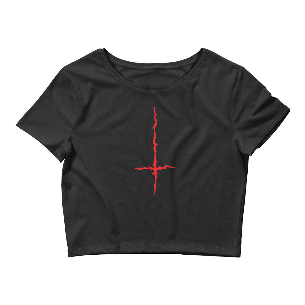 Red Melting Inverted Cross Black Metal Style Women’s Crop Tee