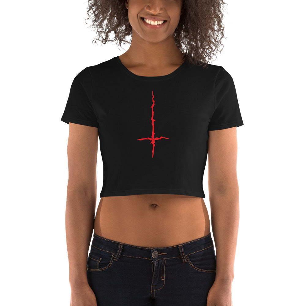 Red Melting Inverted Cross Black Metal Style Women’s Crop Tee