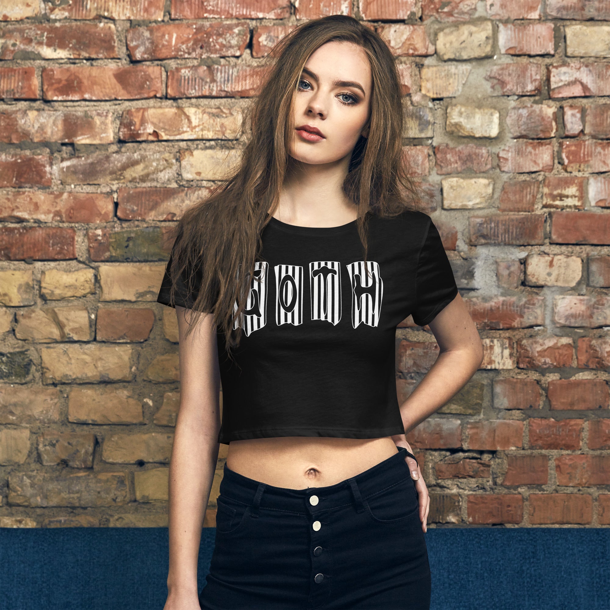 Black and White Vertical Stripe Goth Wallpaper Style Women’s Crop Tee