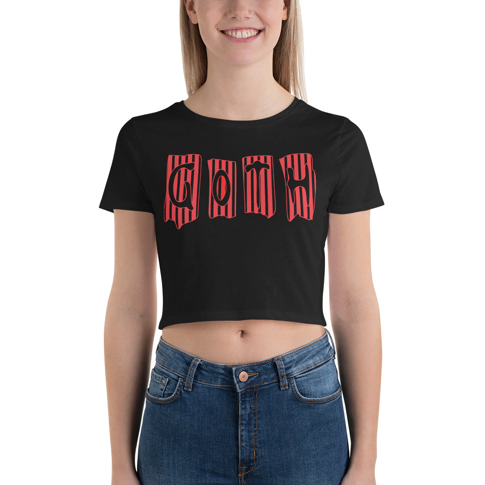 Black and Red Vertical Stripe Goth Wallpaper Style Women’s Crop Tee