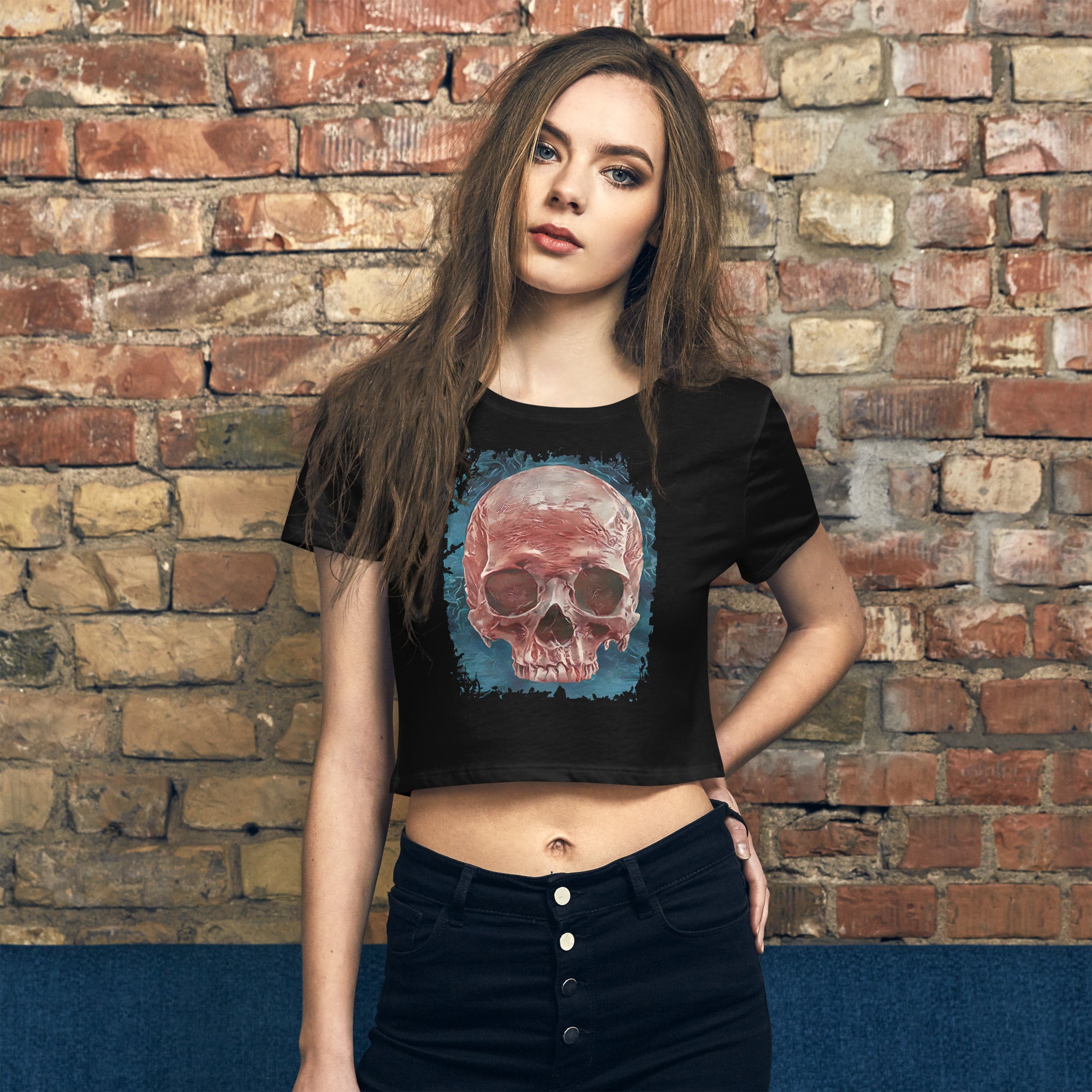 Front Mystical Blood Skull Voodoo Goth Fashion Women’s Crop Tee