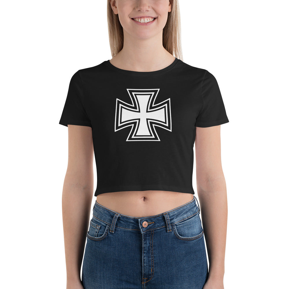 Black and White Occult Biker Cross Symbol Women’s Crop Tee