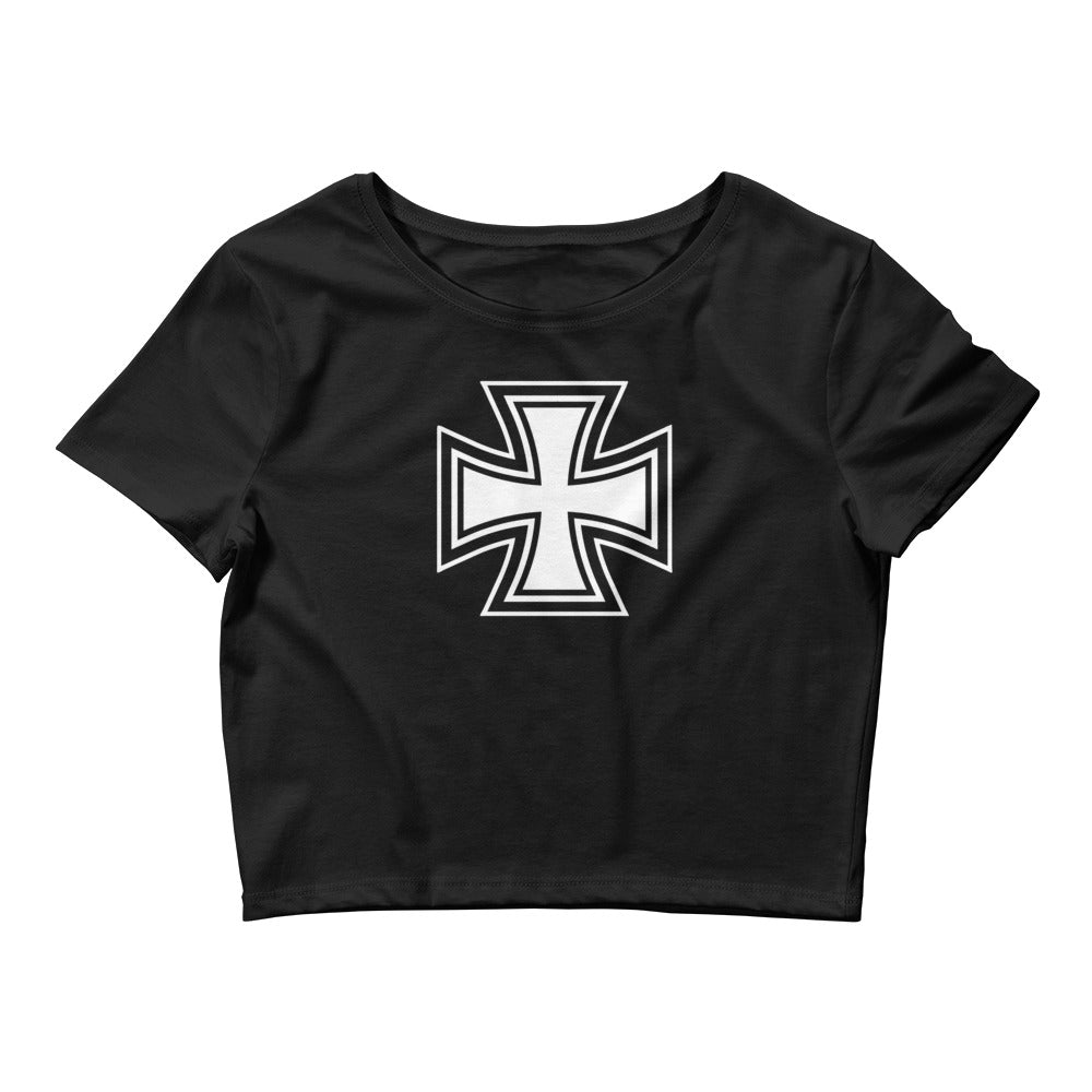 Black and White Occult Biker Cross Symbol Women’s Crop Tee
