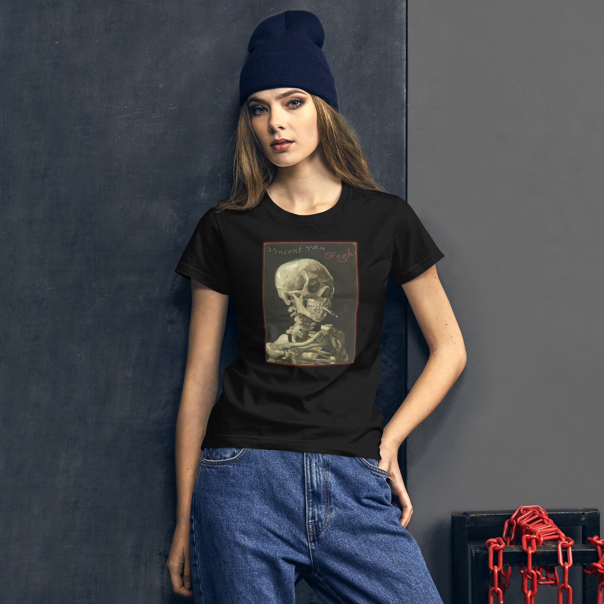 Skeleton with Burning Cigarette Vincent Van Gogh Women's Short Sleeve Babydoll T-shirt