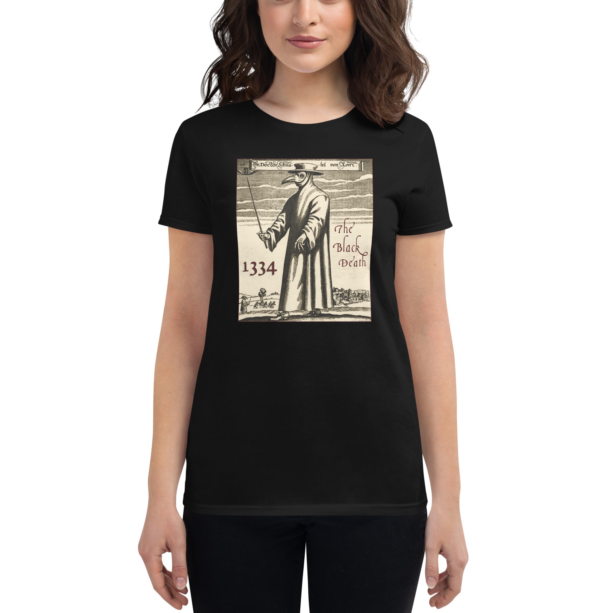 1334 The Black Death Plague Doctor Women's Short Sleeve Babydoll T-shirt