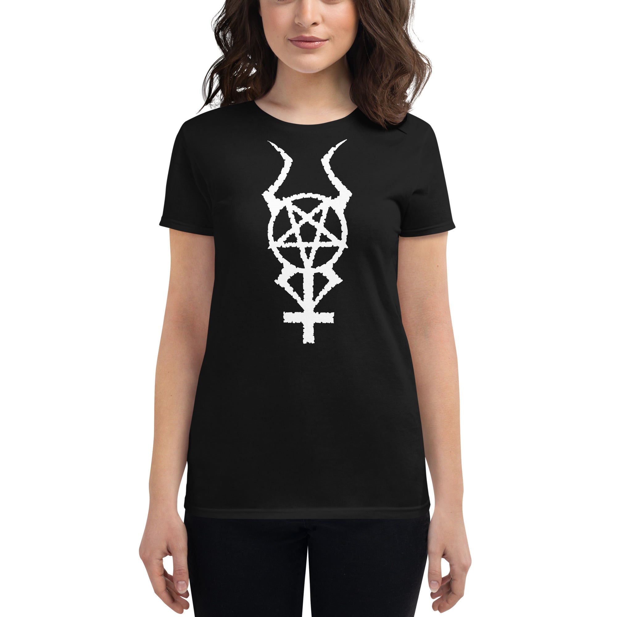 White Horned Pentacross Ritual Pentagram Cross Women's Short Sleeve Babydoll T-shirt