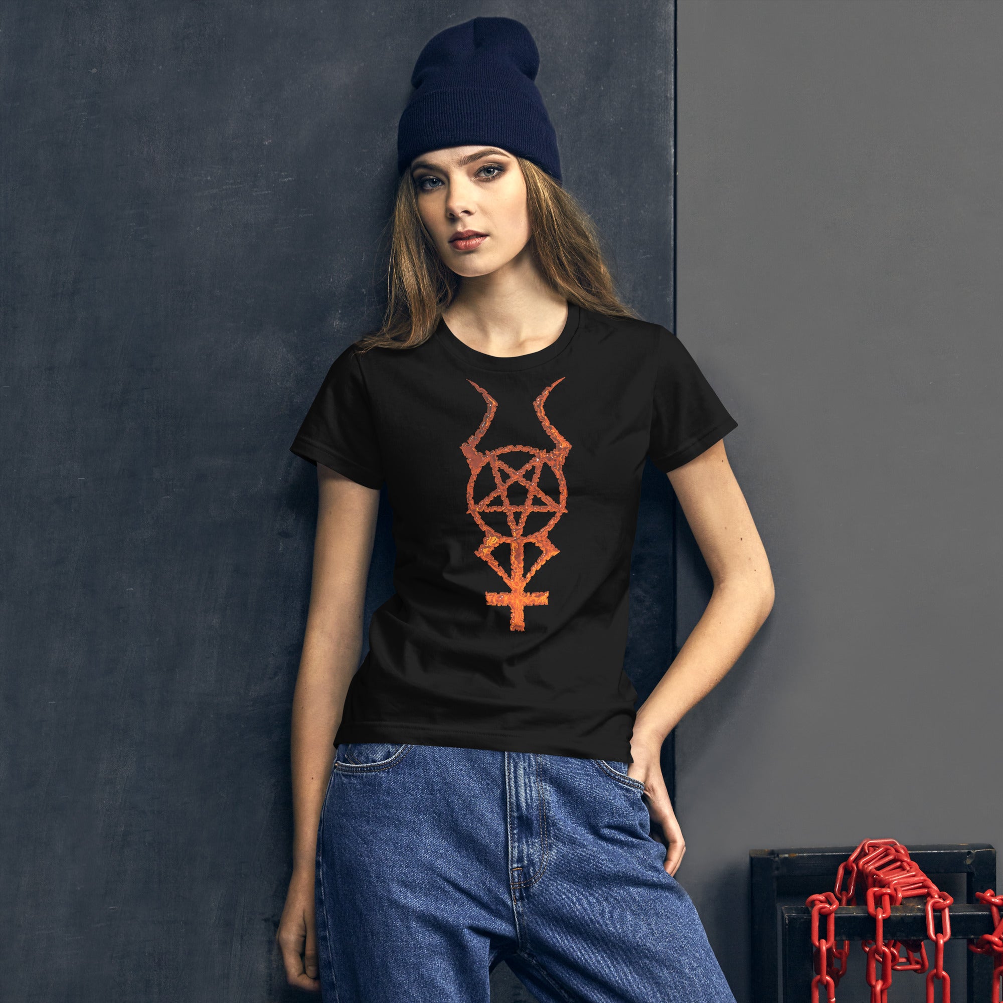 Flame Horned Pentacross Pentagram Cross Women's Short Sleeve Babydoll T-shirt