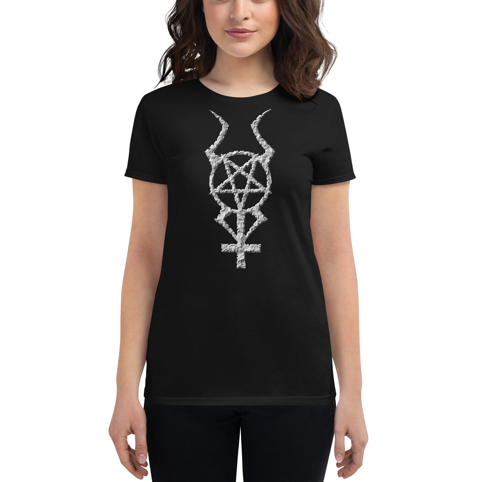 Ancient Stone Horned Pentagram Cross Women's Short Sleeve Babydoll T-shirt