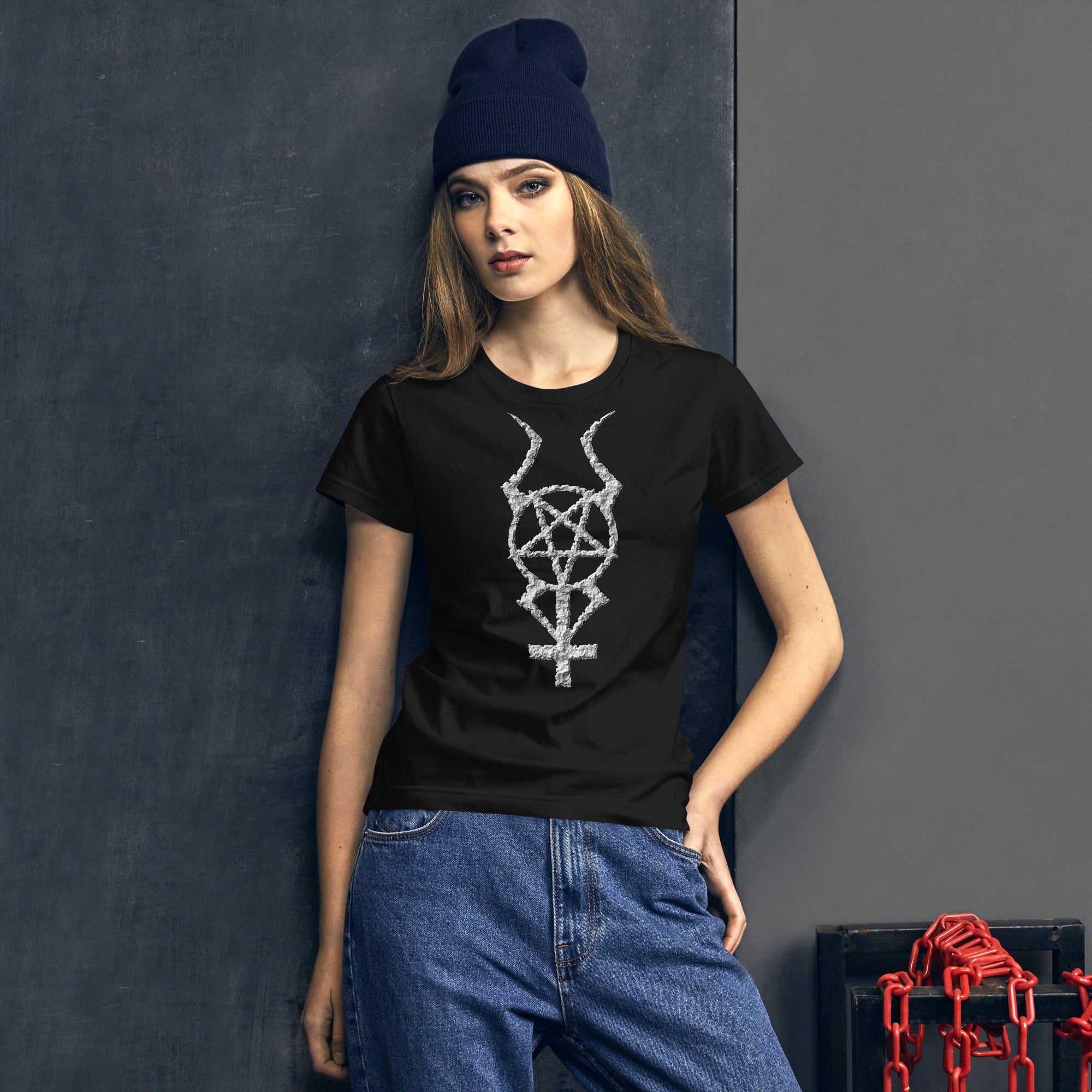 Ancient Stone Horned Pentagram Cross Women's Short Sleeve Babydoll T-shirt