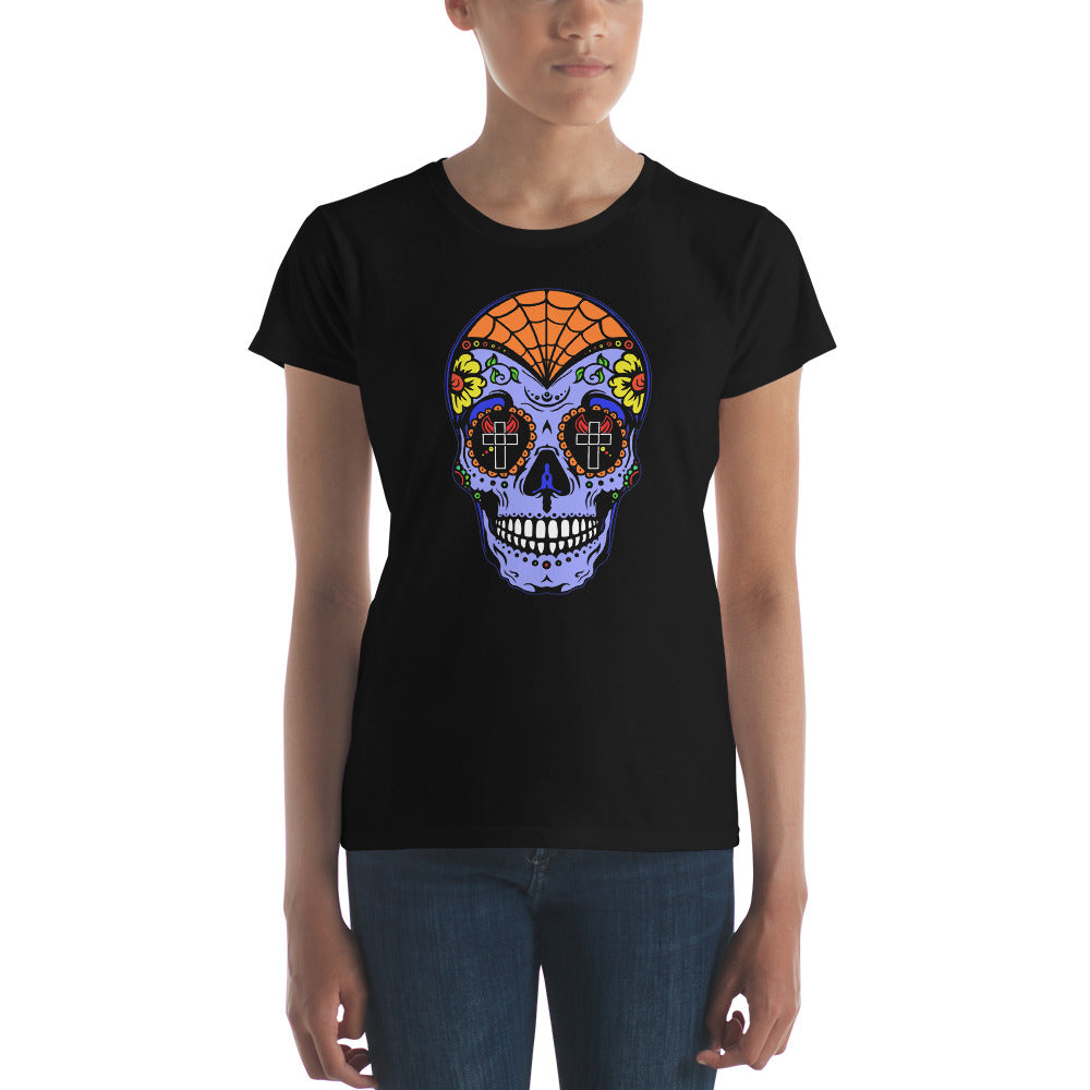 Blue Sugar Skull Day of the Dead Halloween Women's Short Sleeve Babydoll T-shirt