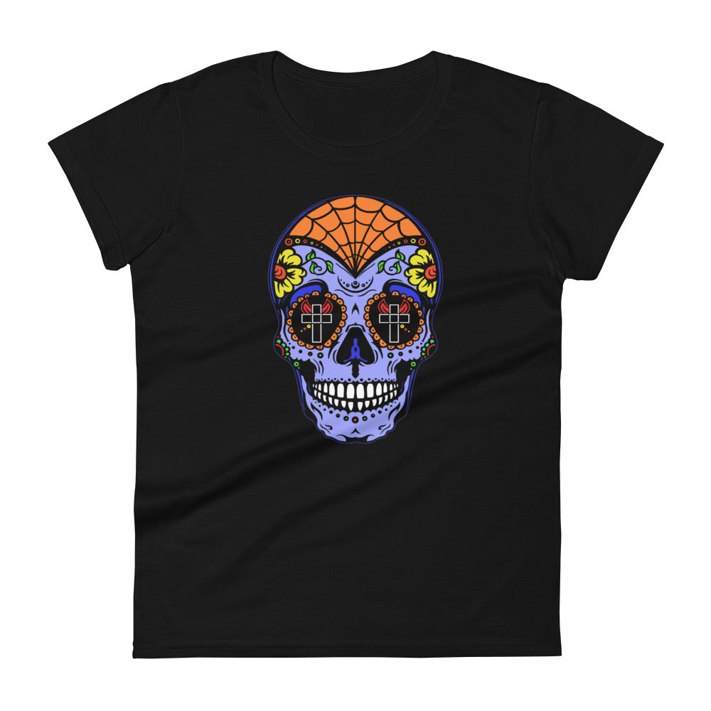 Blue Sugar Skull Day of the Dead Halloween Women's Short Sleeve Babydoll T-shirt