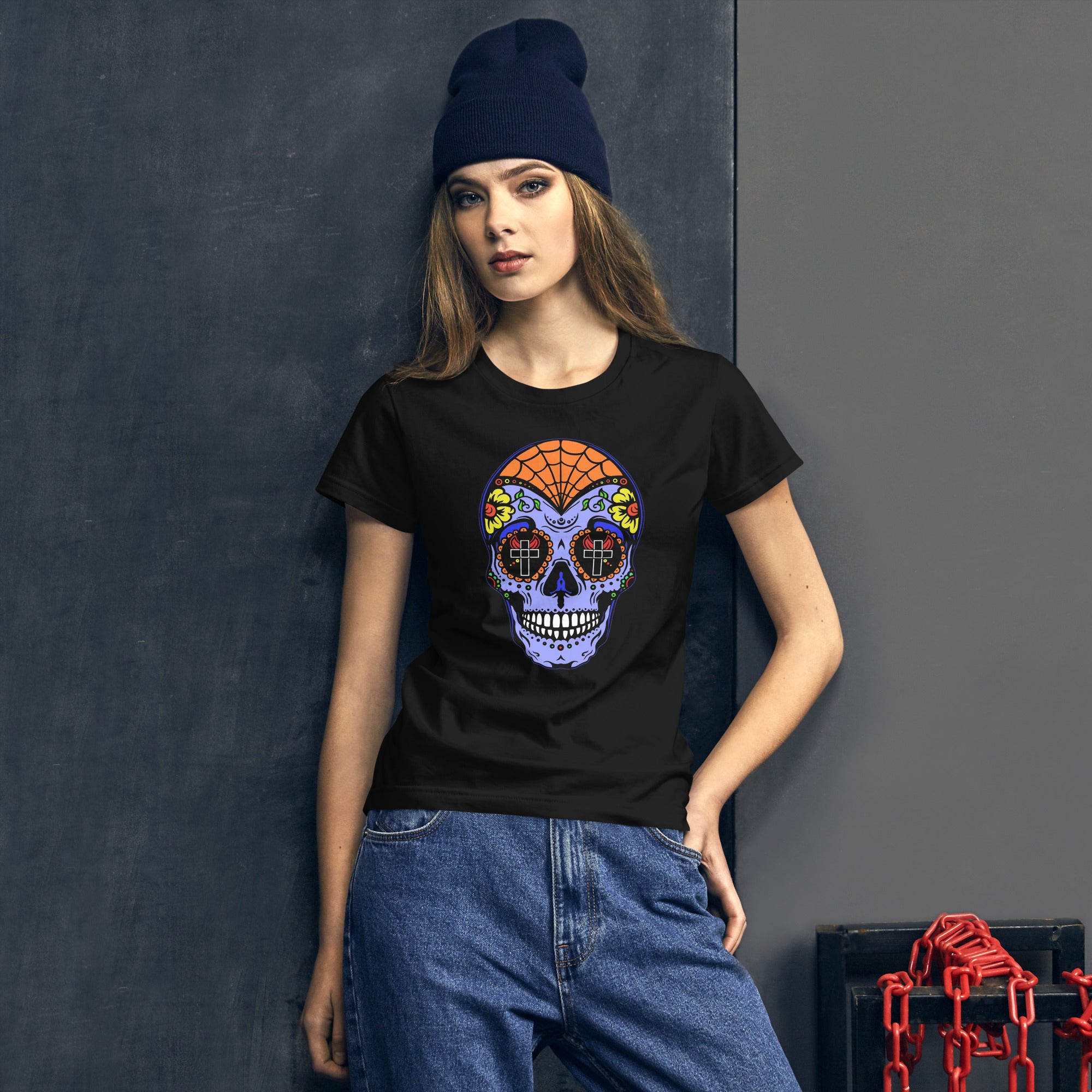 Blue Sugar Skull Day of the Dead Halloween Women's Short Sleeve Babydoll T-shirt