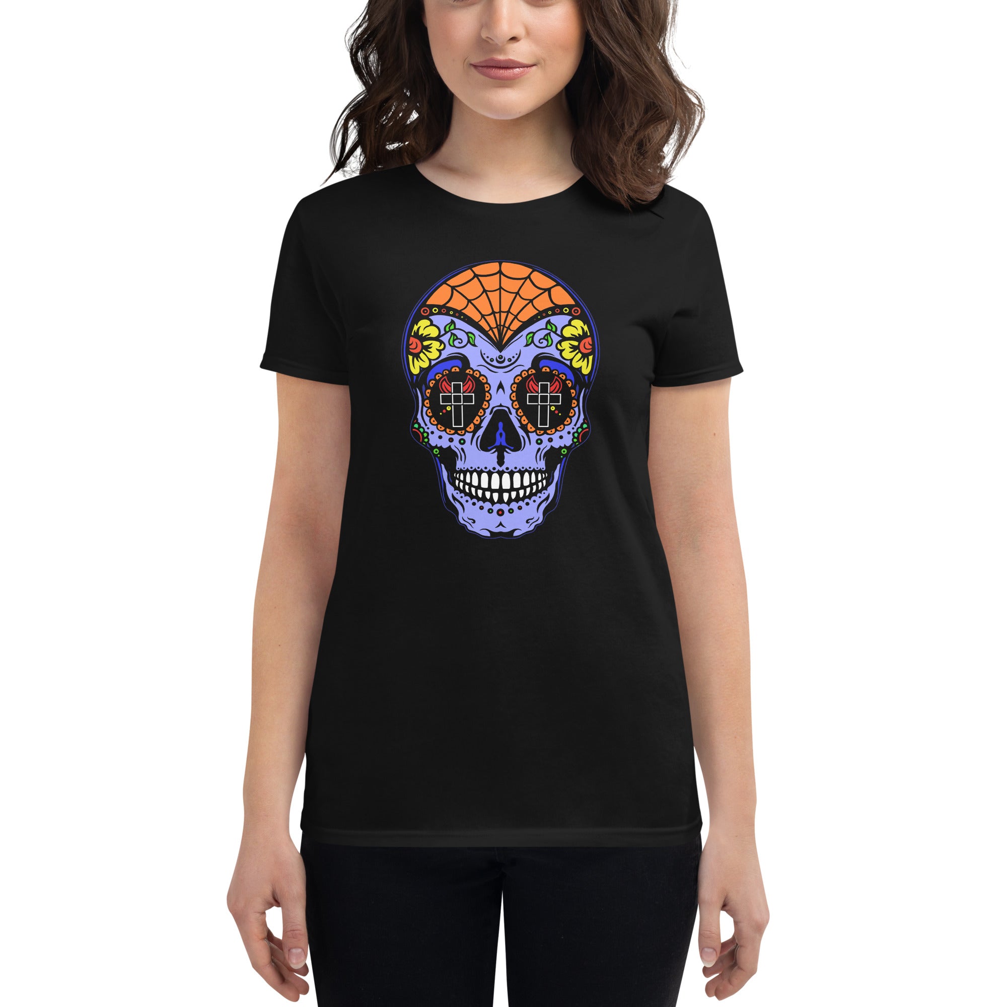 Blue Sugar Skull Day of the Dead Halloween Women's Short Sleeve Babydoll T-shirt