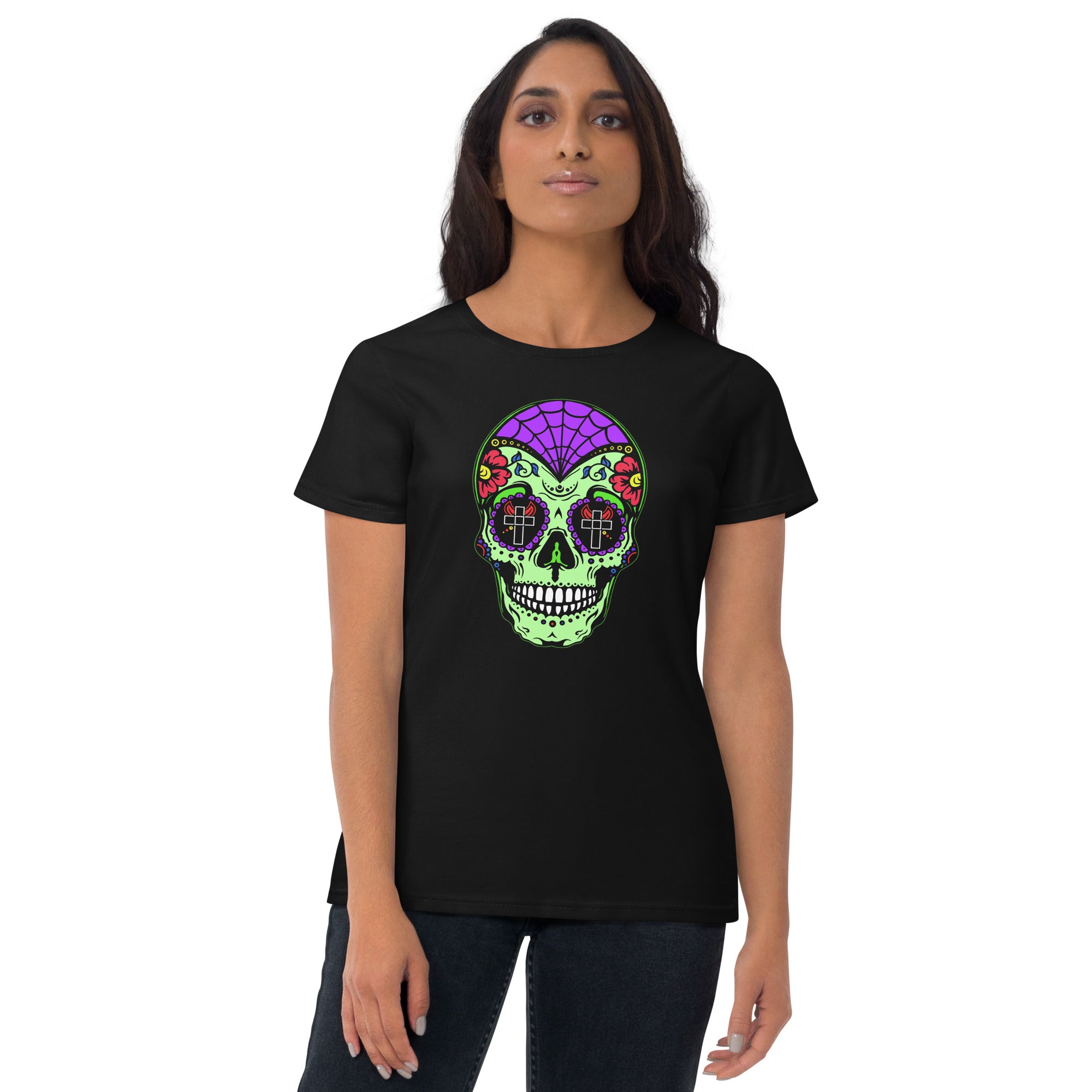 Green Sugar Skull Day of the Dead Halloween Women's Short Sleeve Babydoll T-shirt