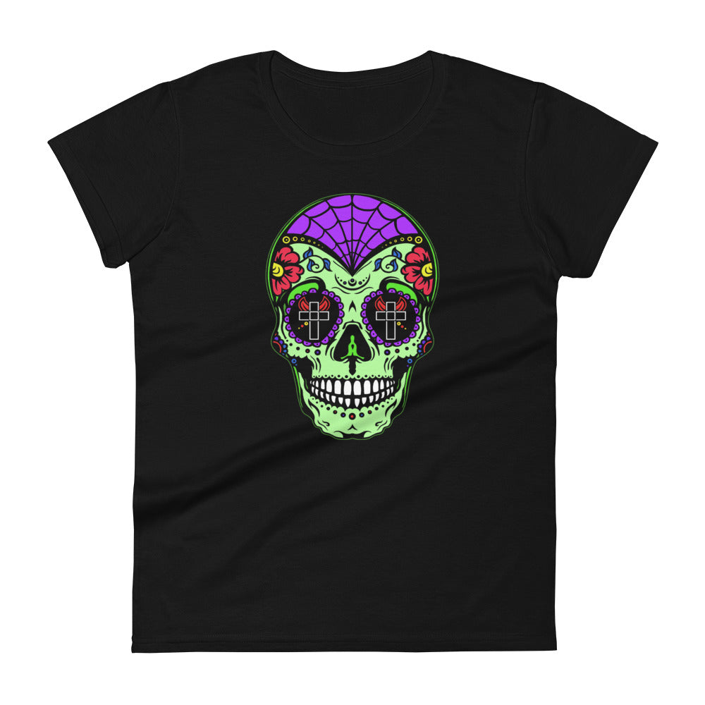 Green Sugar Skull Day of the Dead Halloween Women's Short Sleeve Babydoll T-shirt