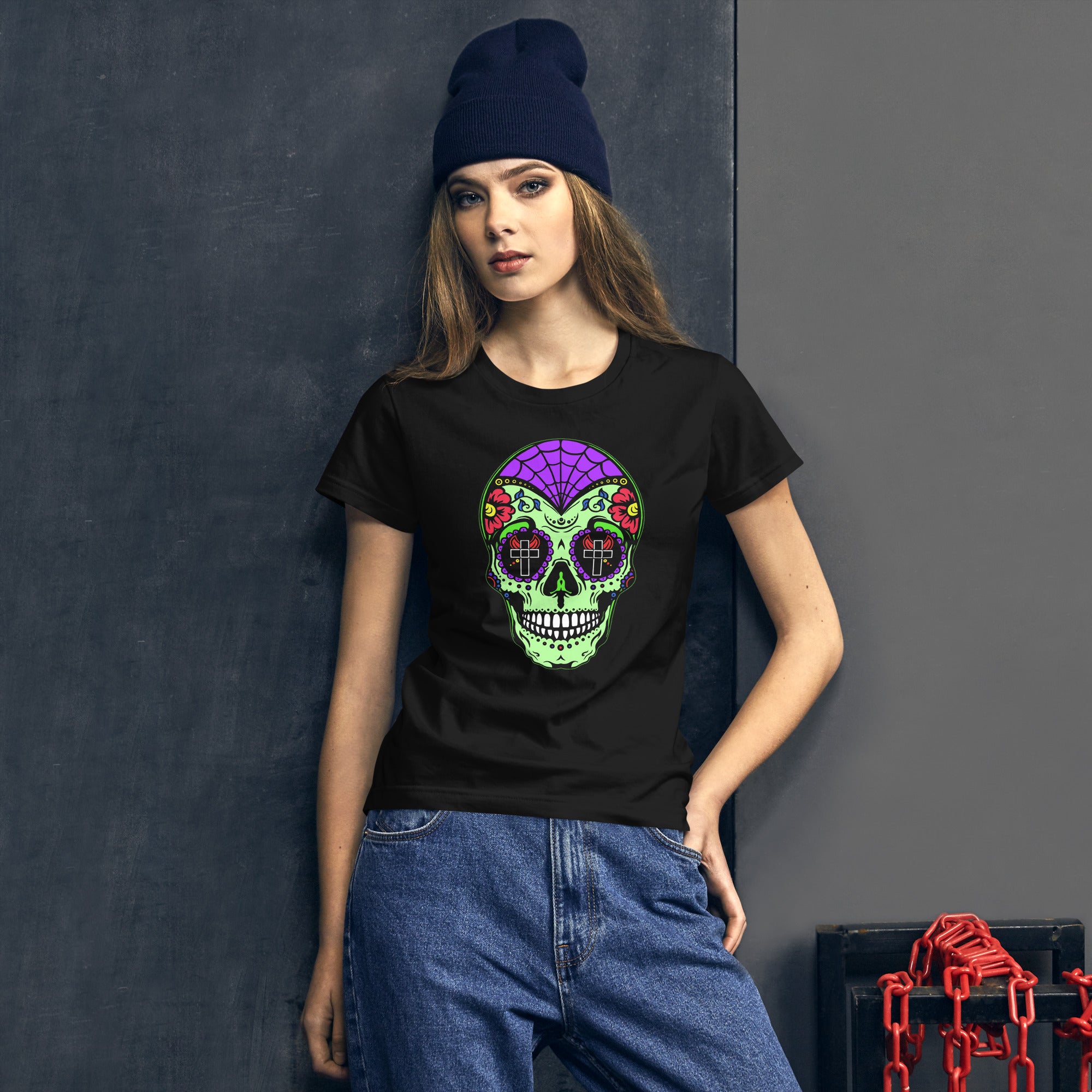 Green Sugar Skull Day of the Dead Halloween Women's Short Sleeve Babydoll T-shirt