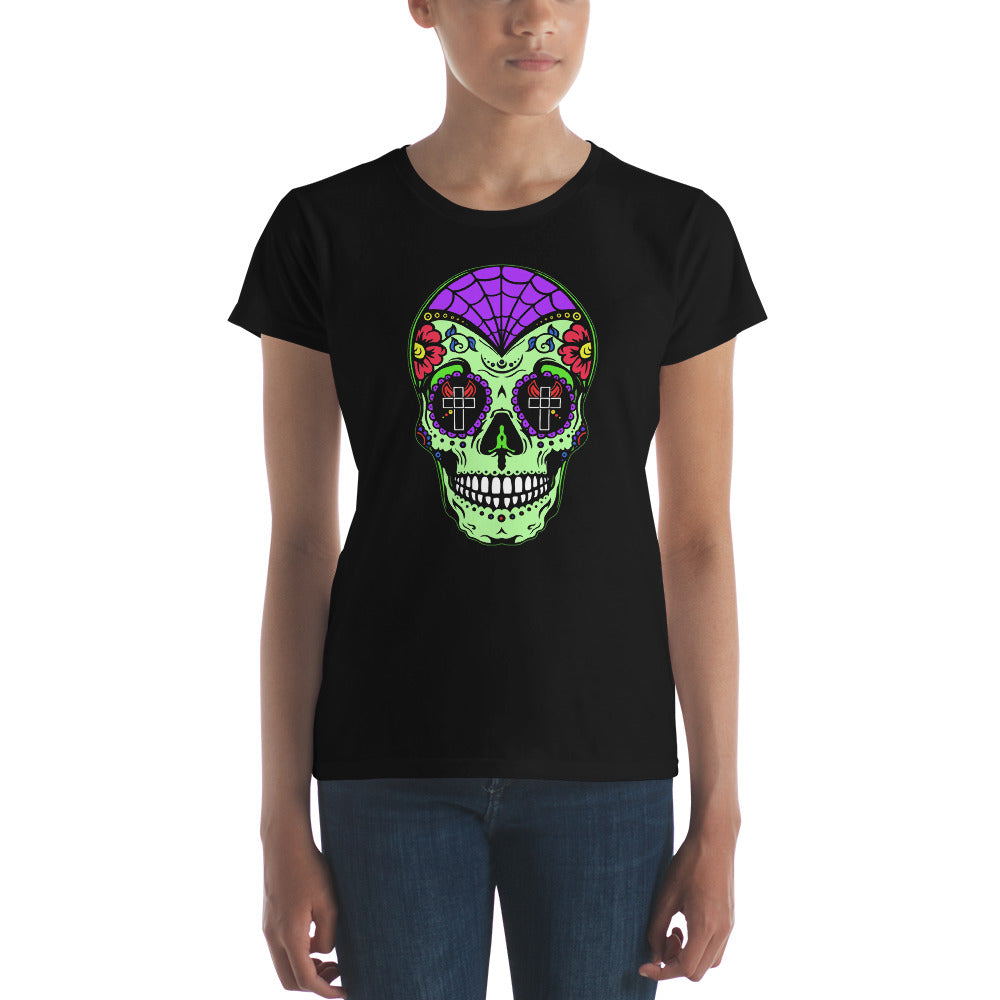 Green Sugar Skull Day of the Dead Halloween Women's Short Sleeve Babydoll T-shirt