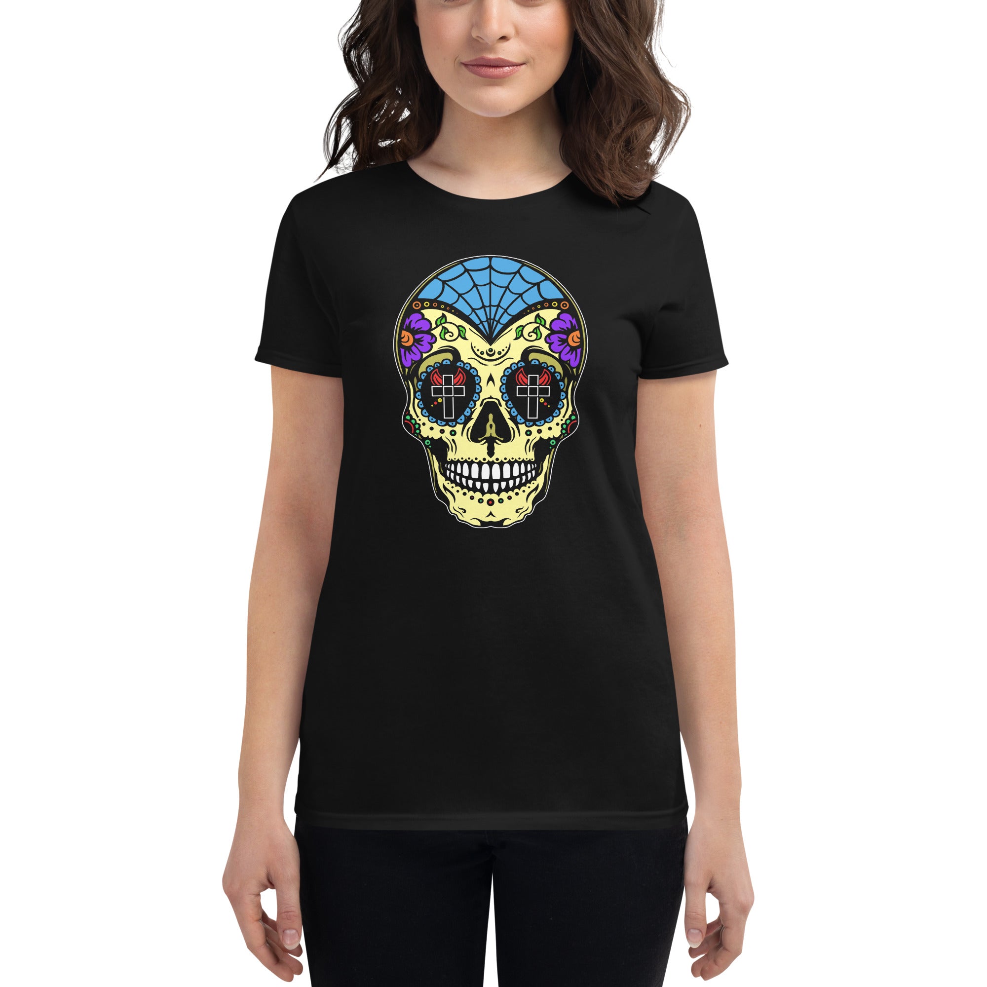 Colorful Sugar Skull Day of the Dead Halloween Women's Short Sleeve Babydoll T-shirt