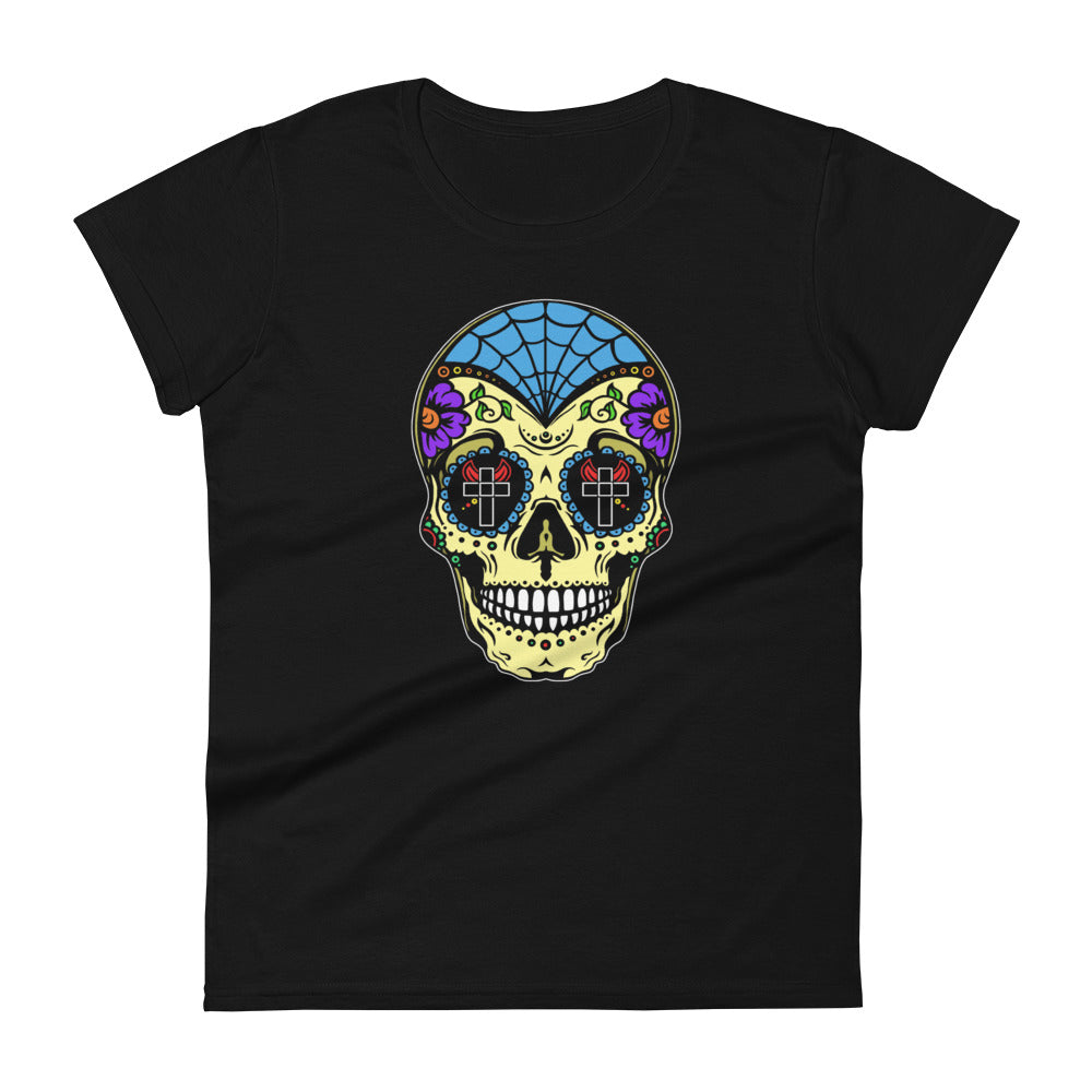 Colorful Sugar Skull Day of the Dead Halloween Women's Short Sleeve Babydoll T-shirt