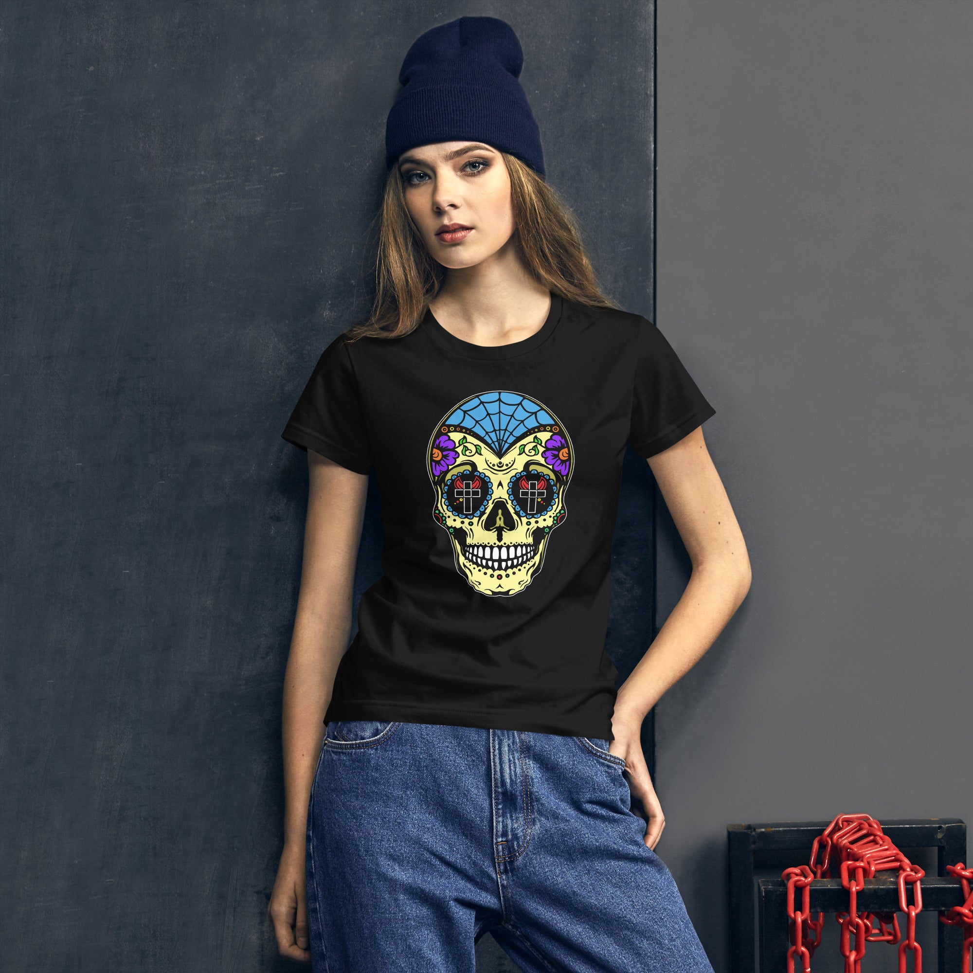 Colorful Sugar Skull Day of the Dead Halloween Women's Short Sleeve Babydoll T-shirt