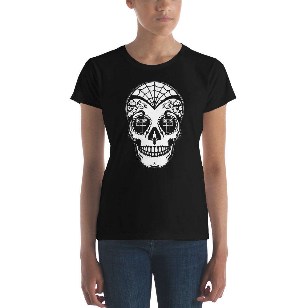 White Sugar Skull Day of the Dead Halloween Women's Short Sleeve Babydoll T-shirt