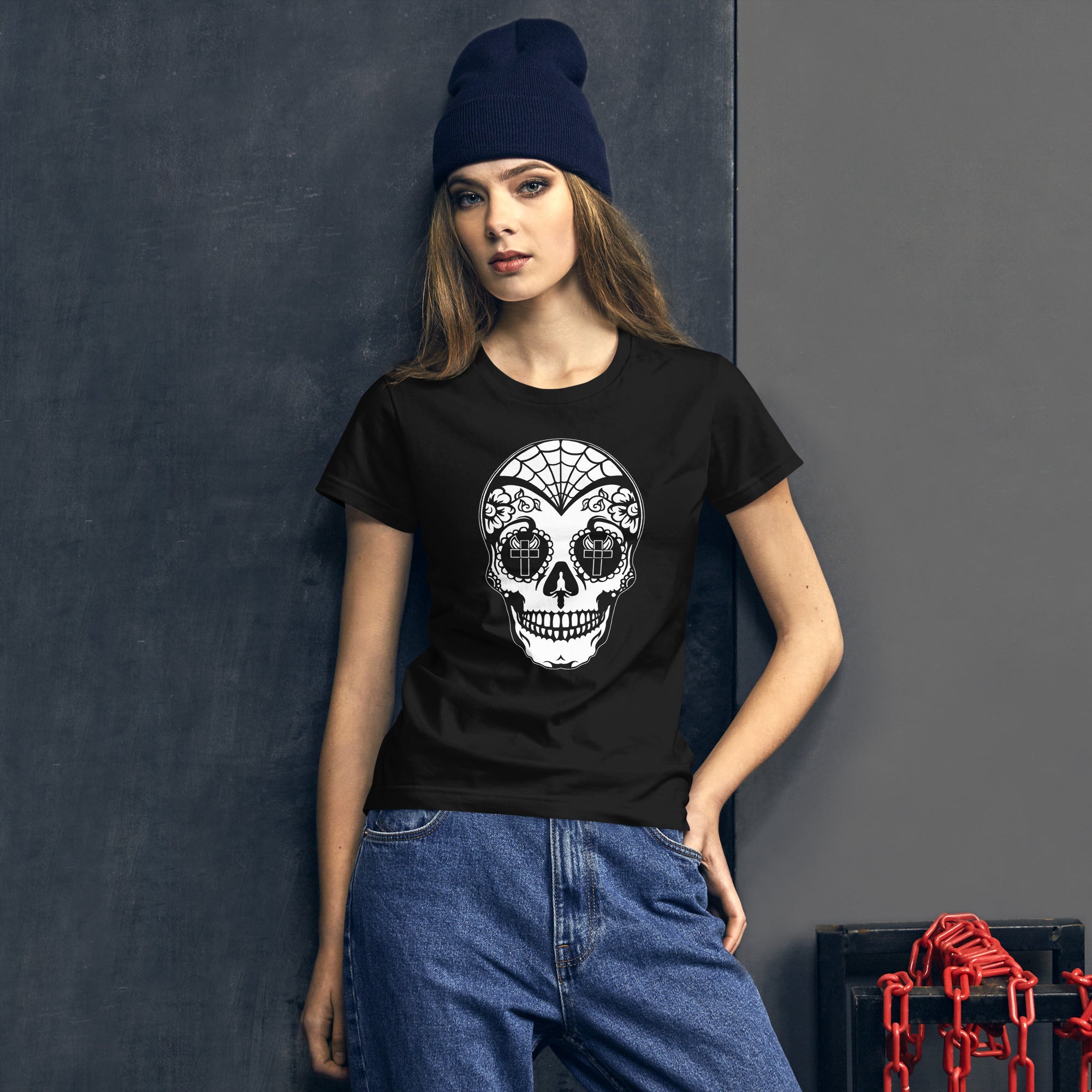 White Sugar Skull Day of the Dead Halloween Women's Short Sleeve Babydoll T-shirt