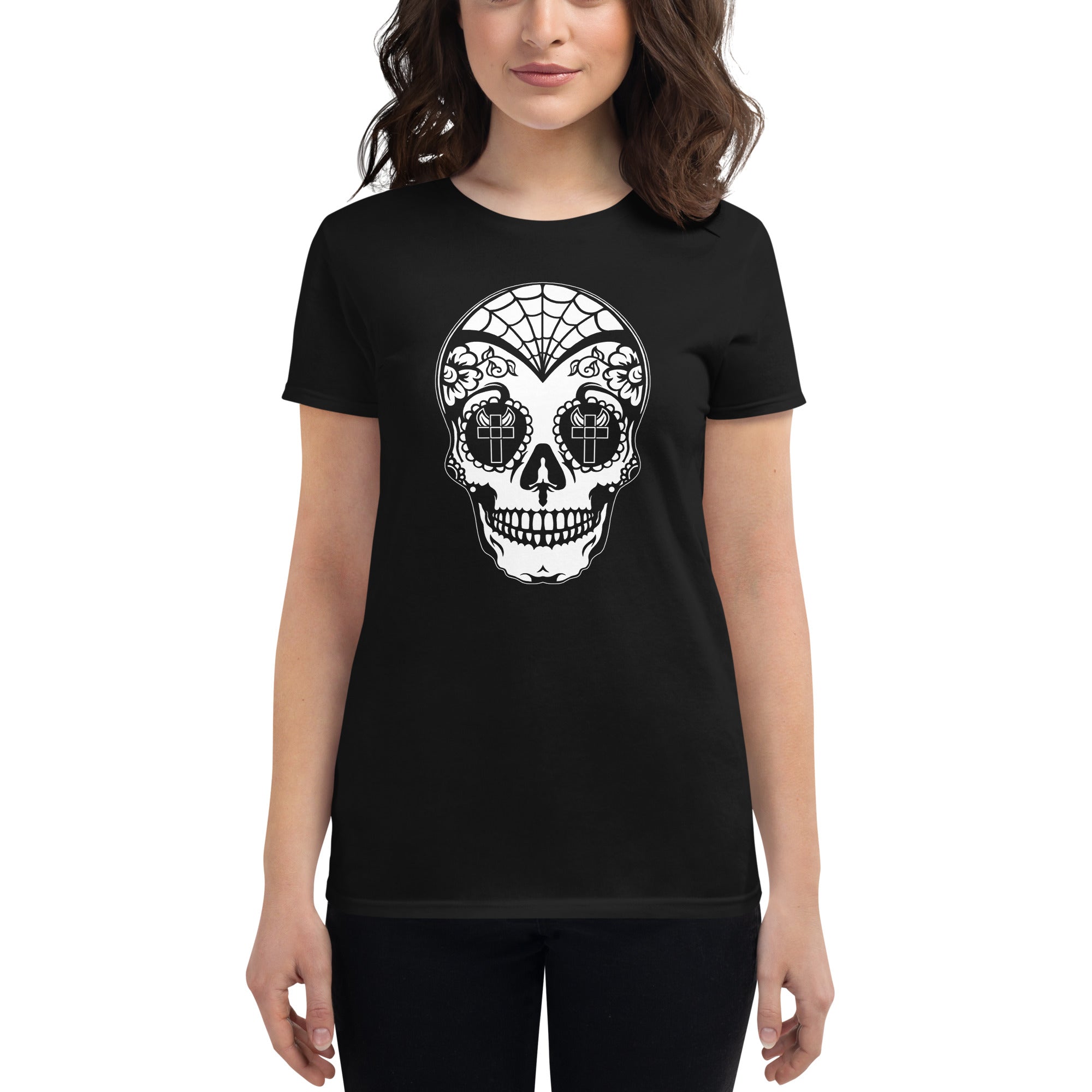 White Sugar Skull Day of the Dead Halloween Women's Short Sleeve Babydoll T-shirt