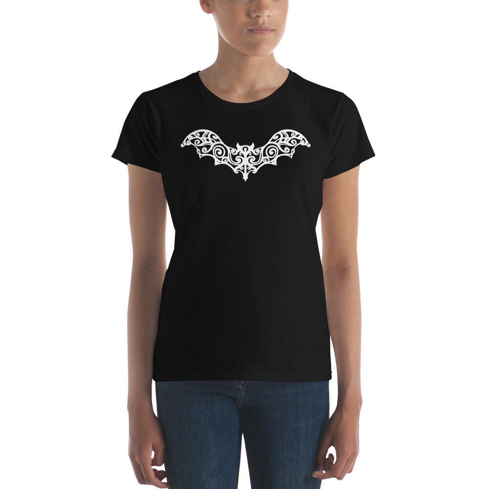 White Gothic Wrought Iron Style Vine Bat Women's Short Sleeve Babydoll T-shirt