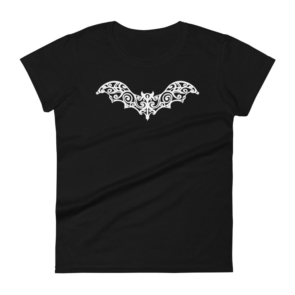 White Gothic Wrought Iron Style Vine Bat Women's Short Sleeve Babydoll T-shirt