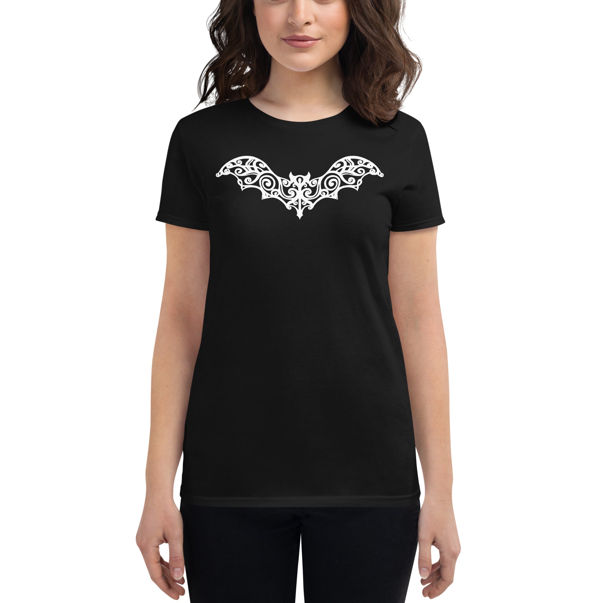 White Gothic Wrought Iron Style Vine Bat Women's Short Sleeve Babydoll T-shirt