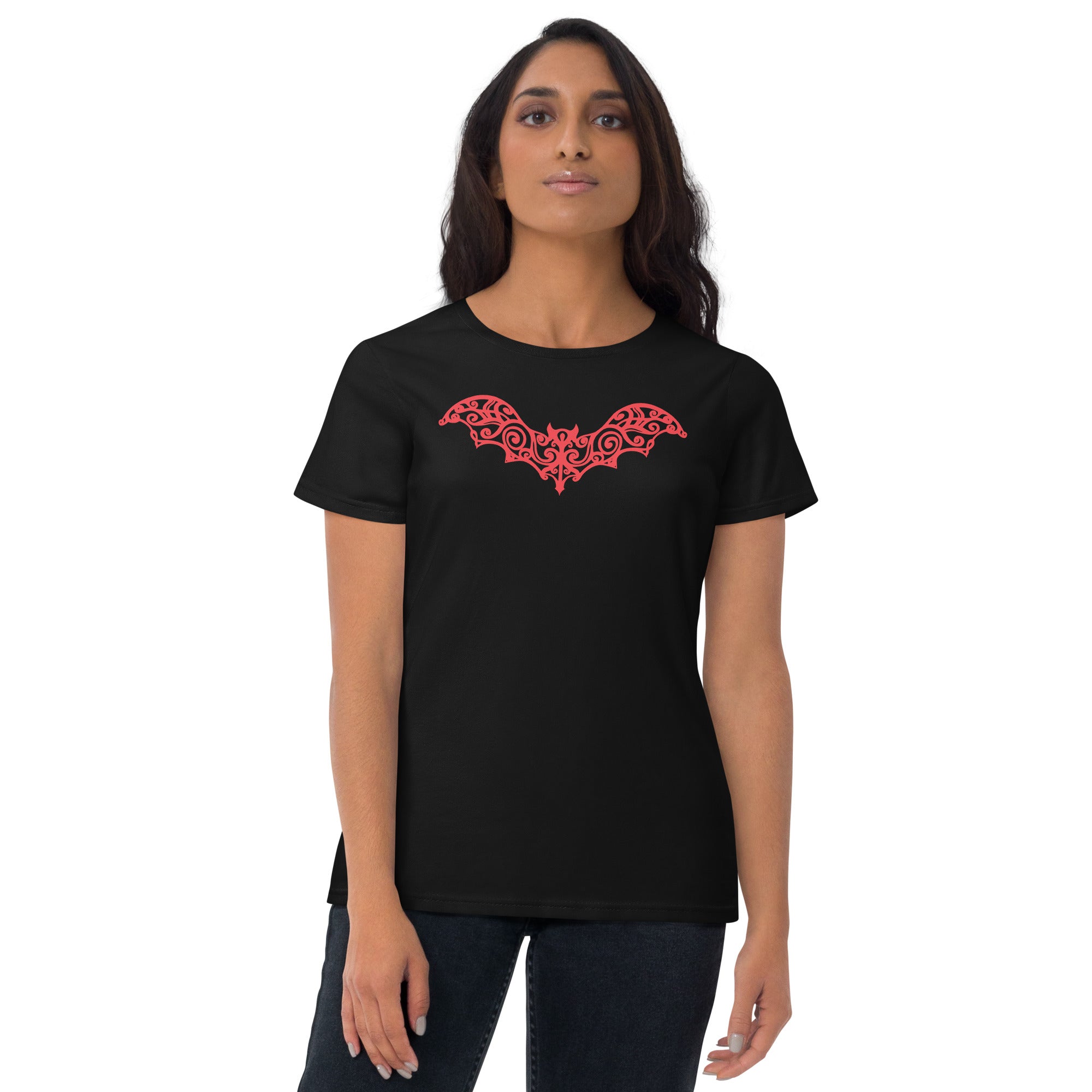 Red Gothic Wrought Iron Style Vine Bat Women's Short Sleeve Babydoll T-shirt