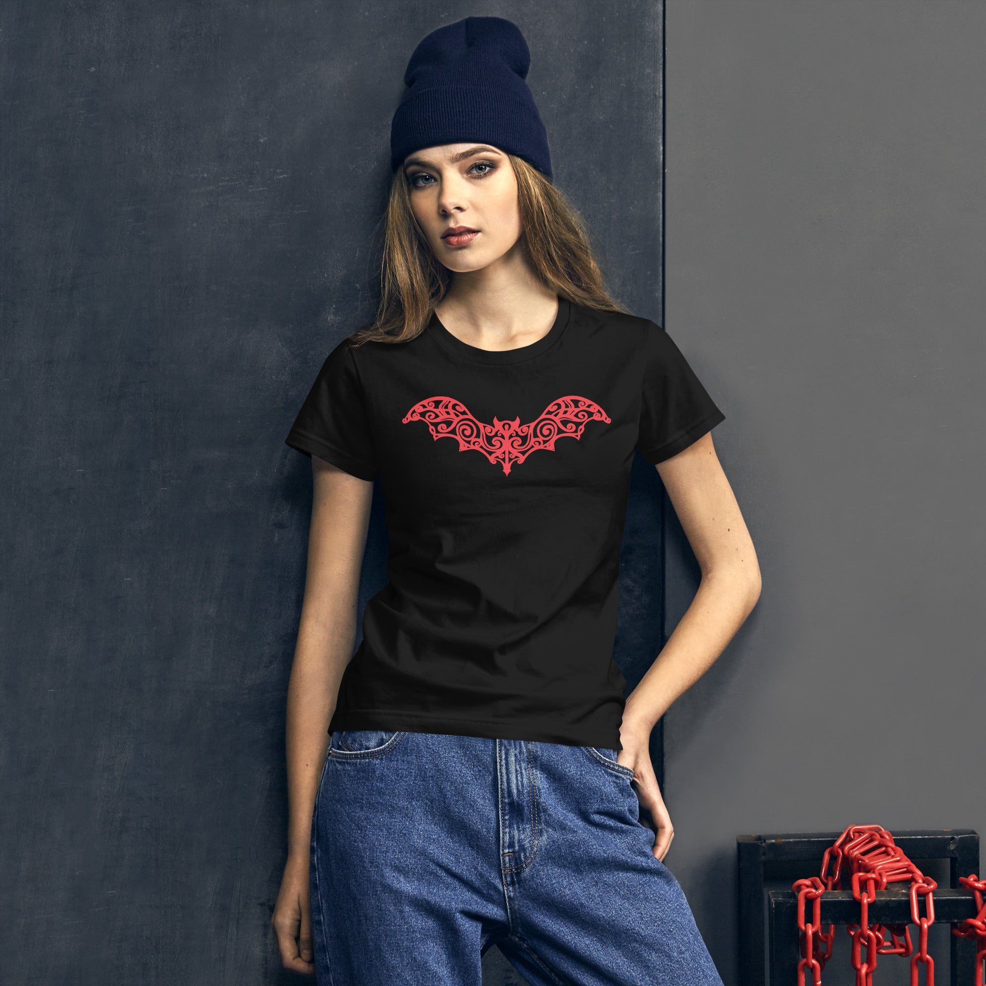 Red Gothic Wrought Iron Style Vine Bat Women's Short Sleeve Babydoll T-shirt