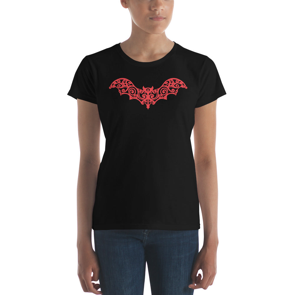 Red Gothic Wrought Iron Style Vine Bat Women's Short Sleeve Babydoll T-shirt