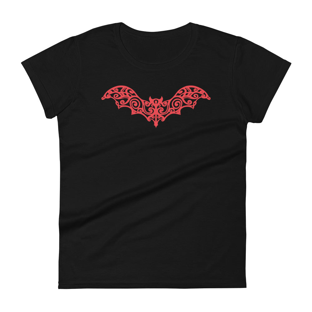 Red Gothic Wrought Iron Style Vine Bat Women's Short Sleeve Babydoll T-shirt