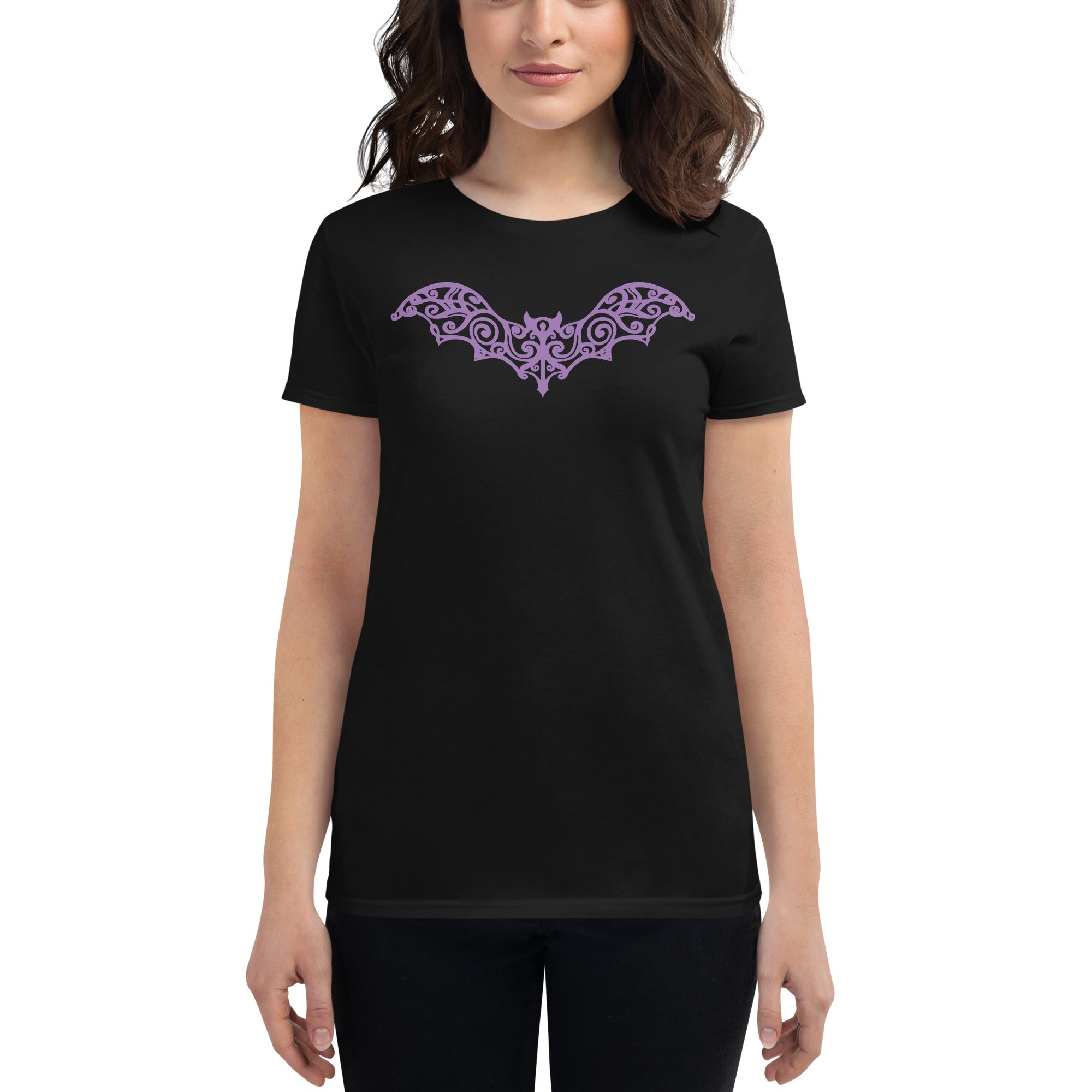 Purple Gothic Wrought Iron Style Vine Bat Women's Short Sleeve Babydoll T-shirt