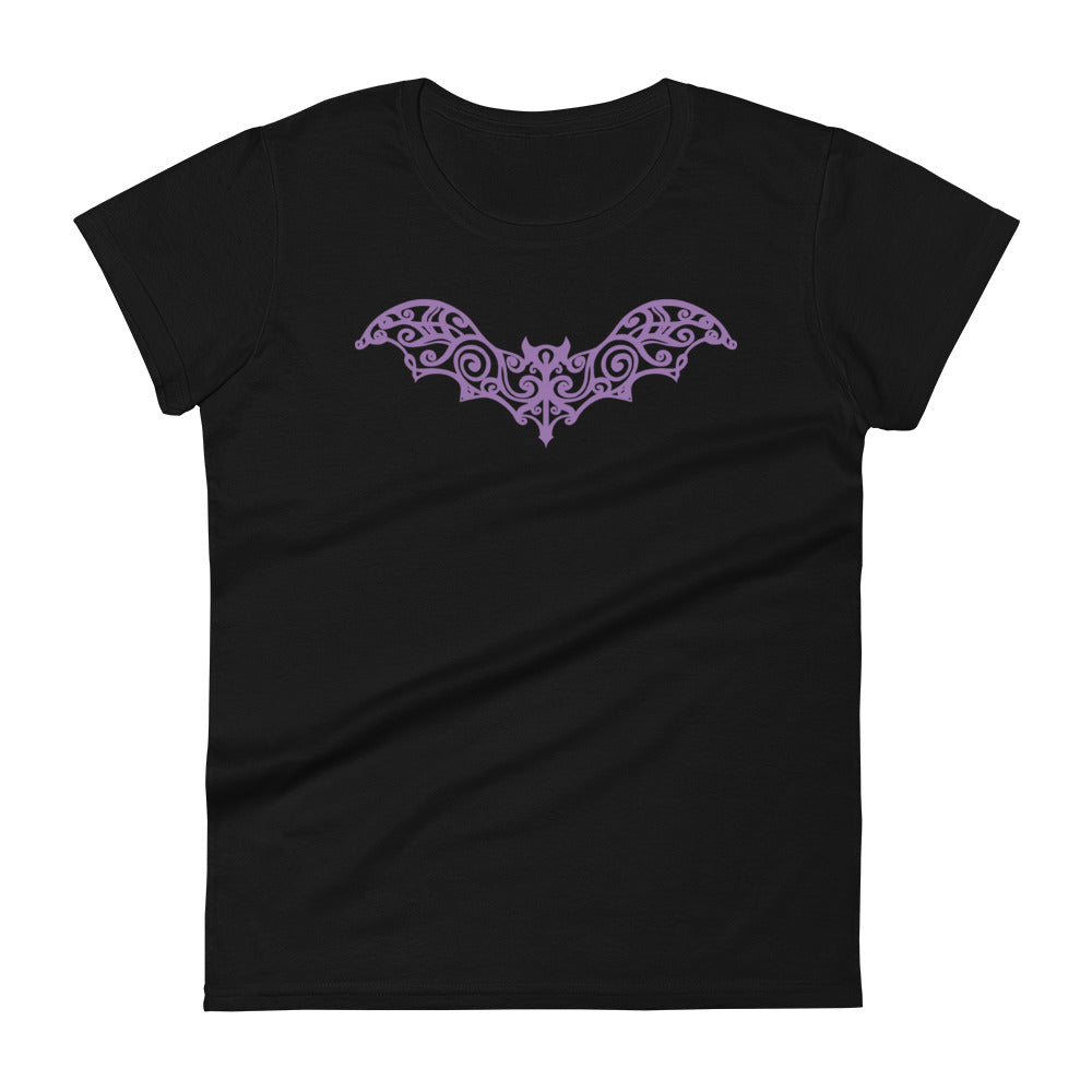 Purple Gothic Wrought Iron Style Vine Bat Women's Short Sleeve Babydoll T-shirt