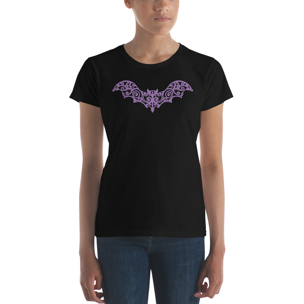 Purple Gothic Wrought Iron Style Vine Bat Women's Short Sleeve Babydoll T-shirt