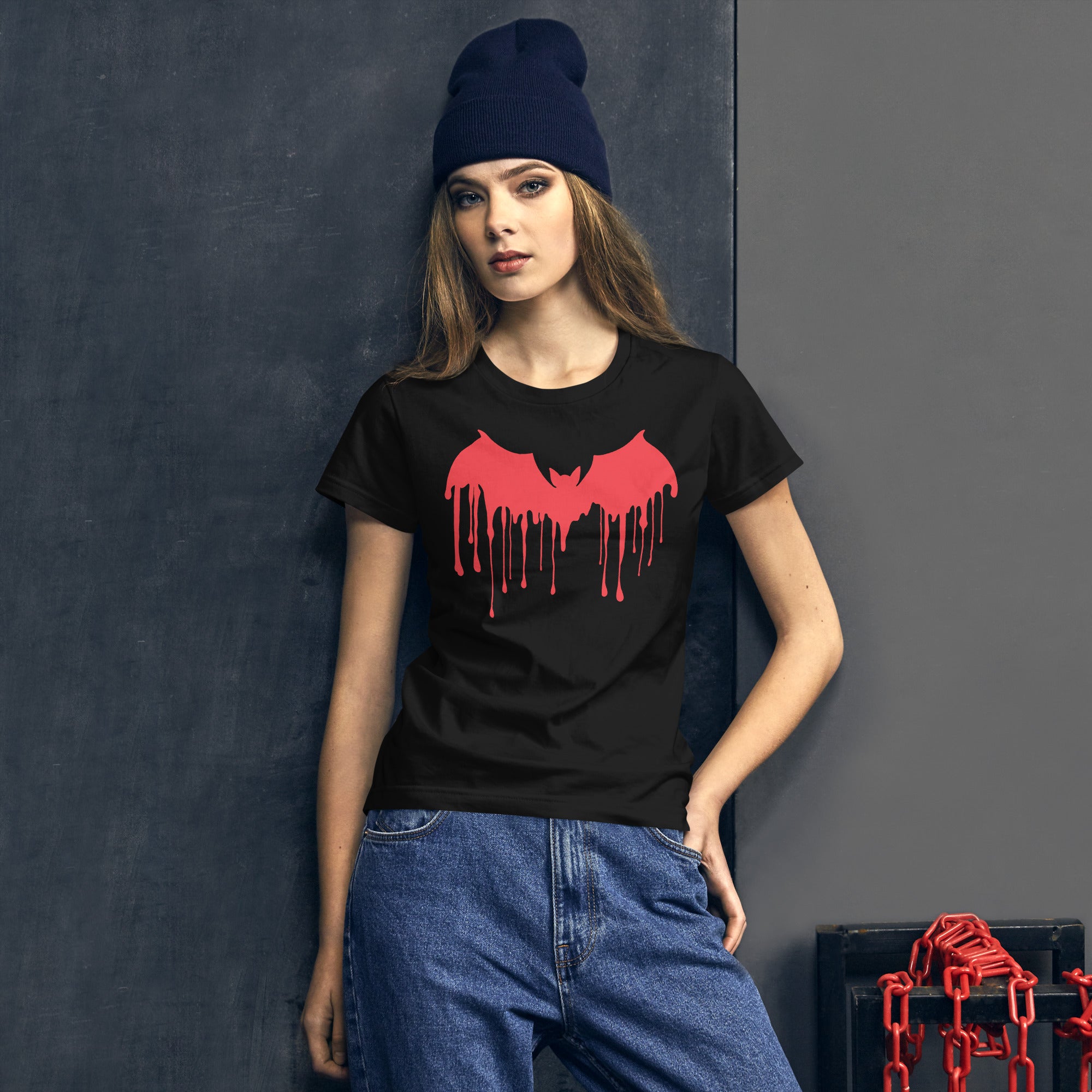 Red Blood Drip Melting Vampire Bat Women's Short Sleeve Babydoll T-shirt