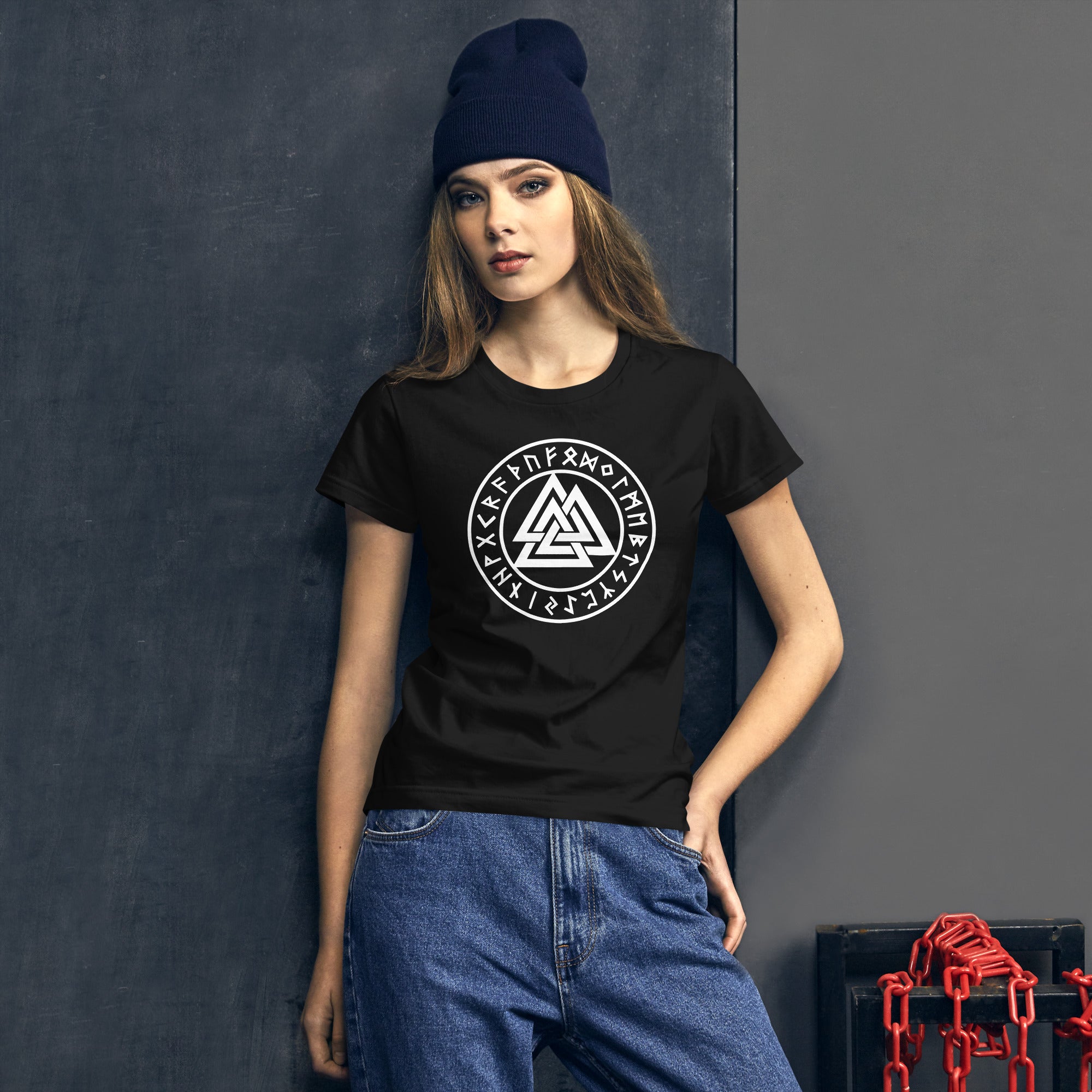 Valknut Symbol with Viking Runes Triangles of Power Women's Short Sleeve Babydoll T-shirt