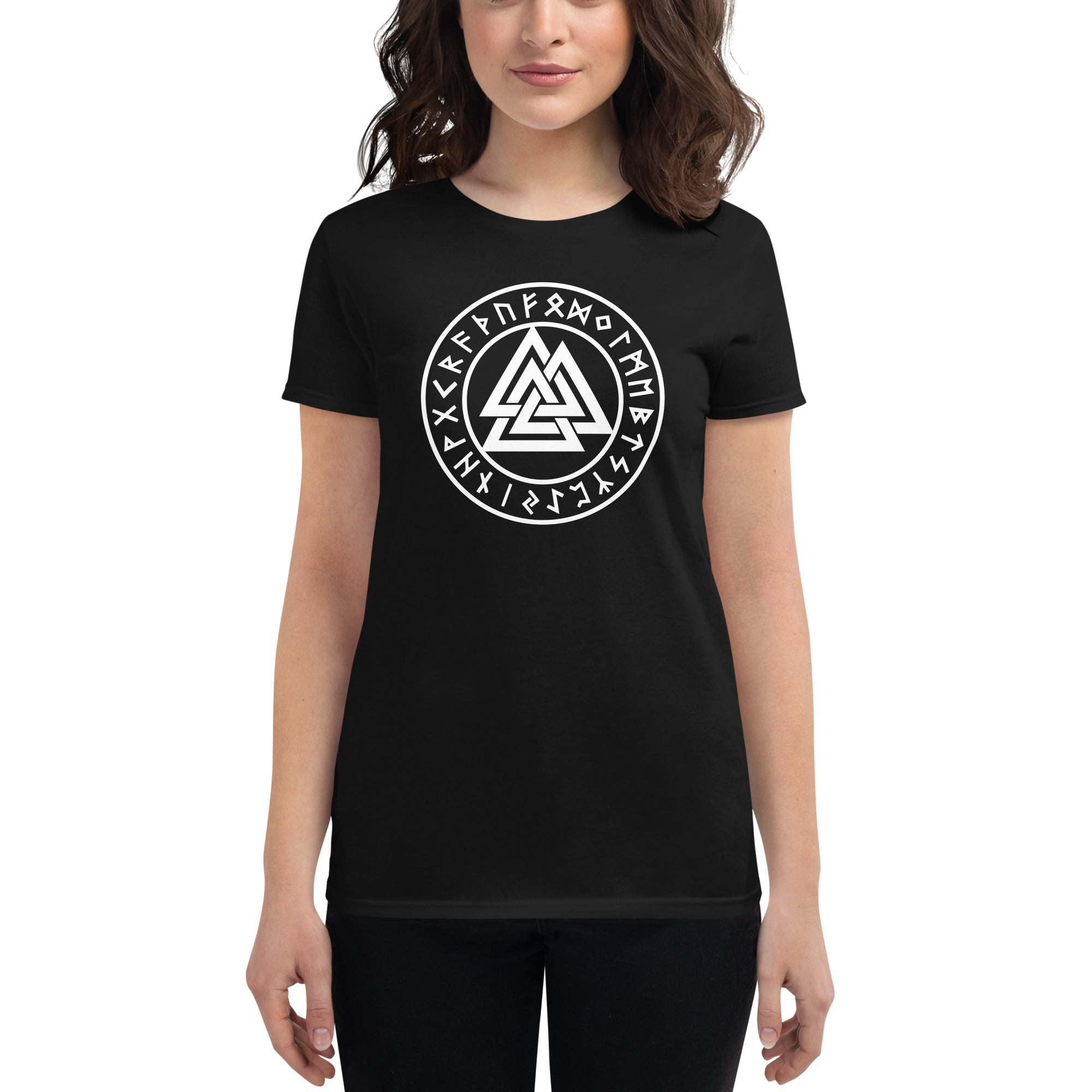 Valknut Symbol with Viking Runes Triangles of Power Women's Short Sleeve Babydoll T-shirt