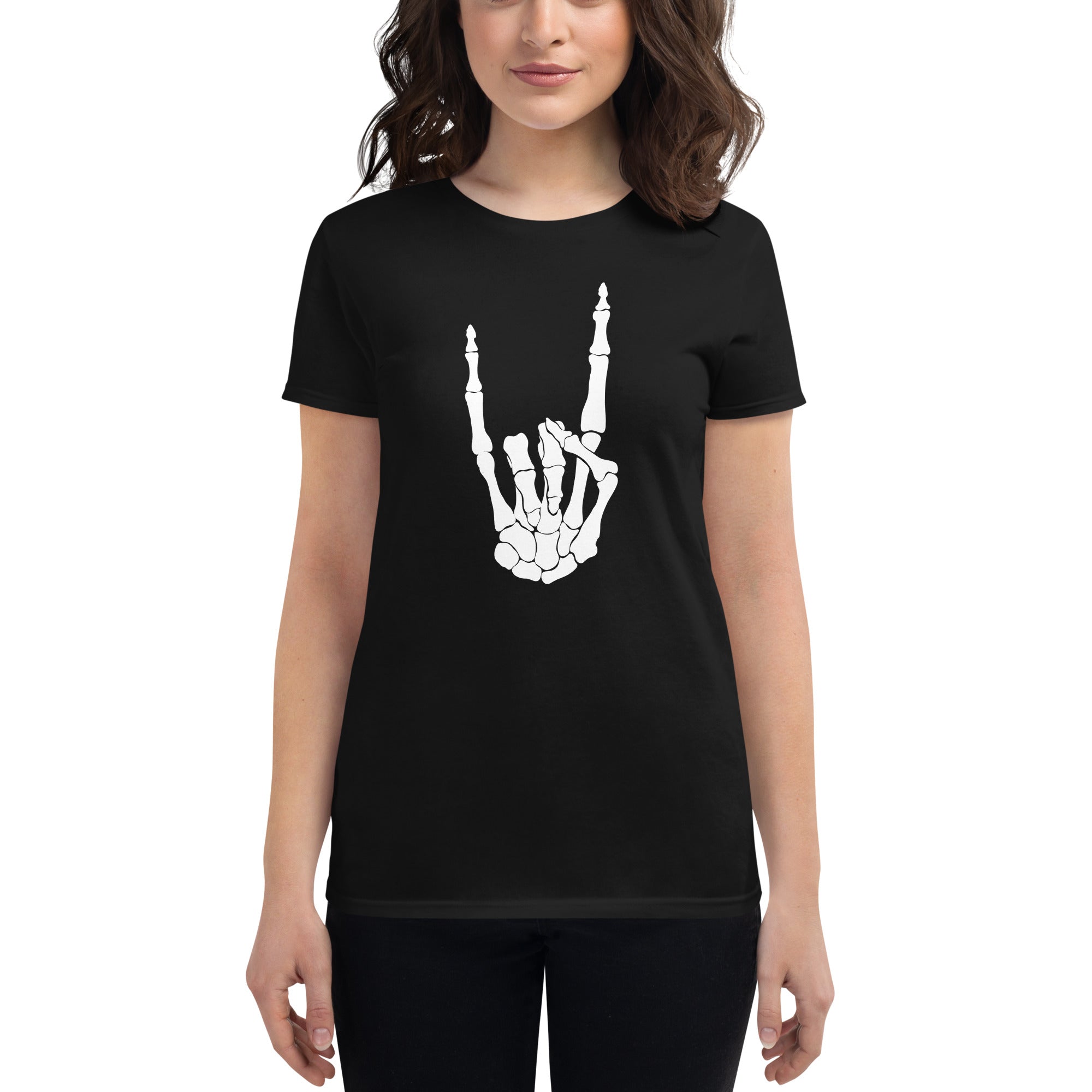 White Devil Bone Hand Heavy Metal Horns Up Sign Women's Short Sleeve Babydoll T-shirt