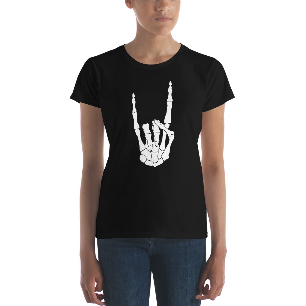 White Devil Bone Hand Heavy Metal Horns Up Sign Women's Short Sleeve Babydoll T-shirt