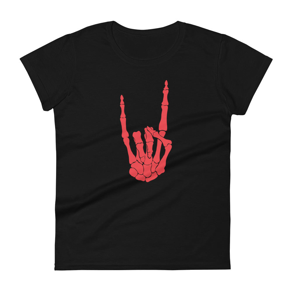 Red Devil Bone Hand Heavy Metal Horns Up Sign Women's Short Sleeve Babydoll T-shirt
