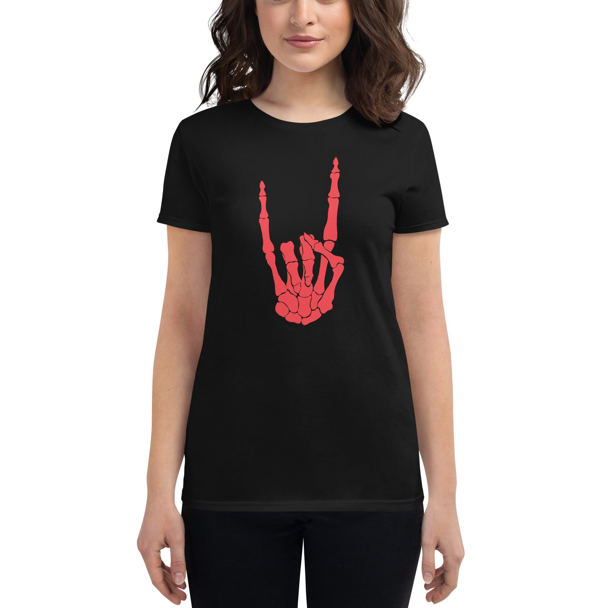 Red Devil Bone Hand Heavy Metal Horns Up Sign Women's Short Sleeve Babydoll T-shirt