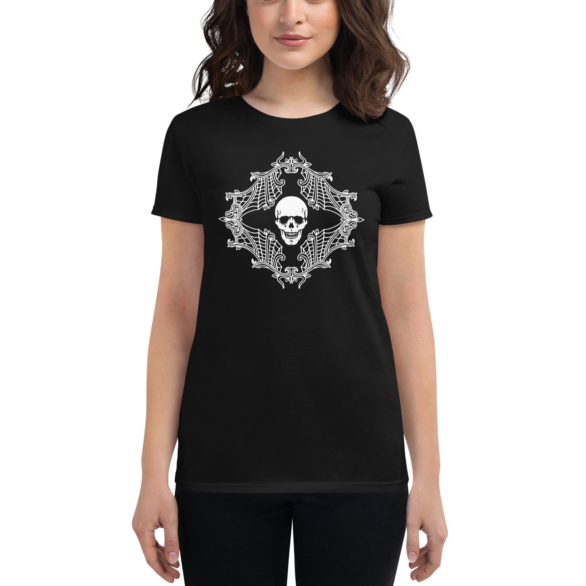 Spider Web Gothic Cobweb Skull Women's Short Sleeve Babydoll T-shirt